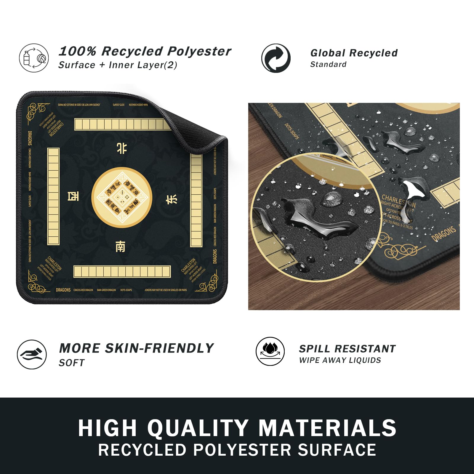 2F22E Mahjong Mat - Non-Slip Noise Reduction Gaming Mat 32.4x32.4 Inch for Mahjong/Poker/Board Games/Card Games/Dominoes (Black)