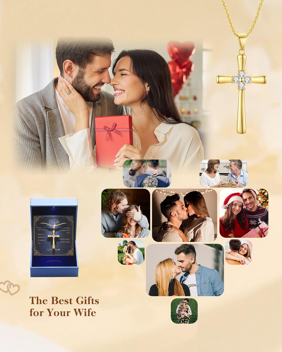 18K Gold Moissanite Cross Necklace Gifts for Wife Anniversary, Birthday Gifts for Wife, Wedding Anniversary Presents for Women Gift for Her with Love Card, Christian Gold Jewelry Necklace for Women