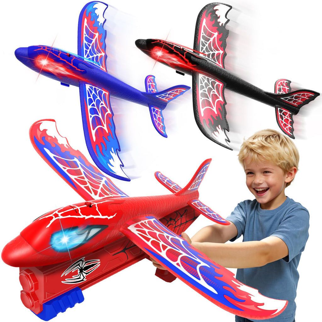 3 Pack Airplane Launcher Toy with Glowing Eyes & Web-Pattern Wings,2 Flight Modes Outdoor Games for Kids,Boys Toys Age 3-12,Birthday Gifts for 3 4 5 6 7 8 9 10 11 12 Year Old,Kids Gift(Red&Blue&Black)