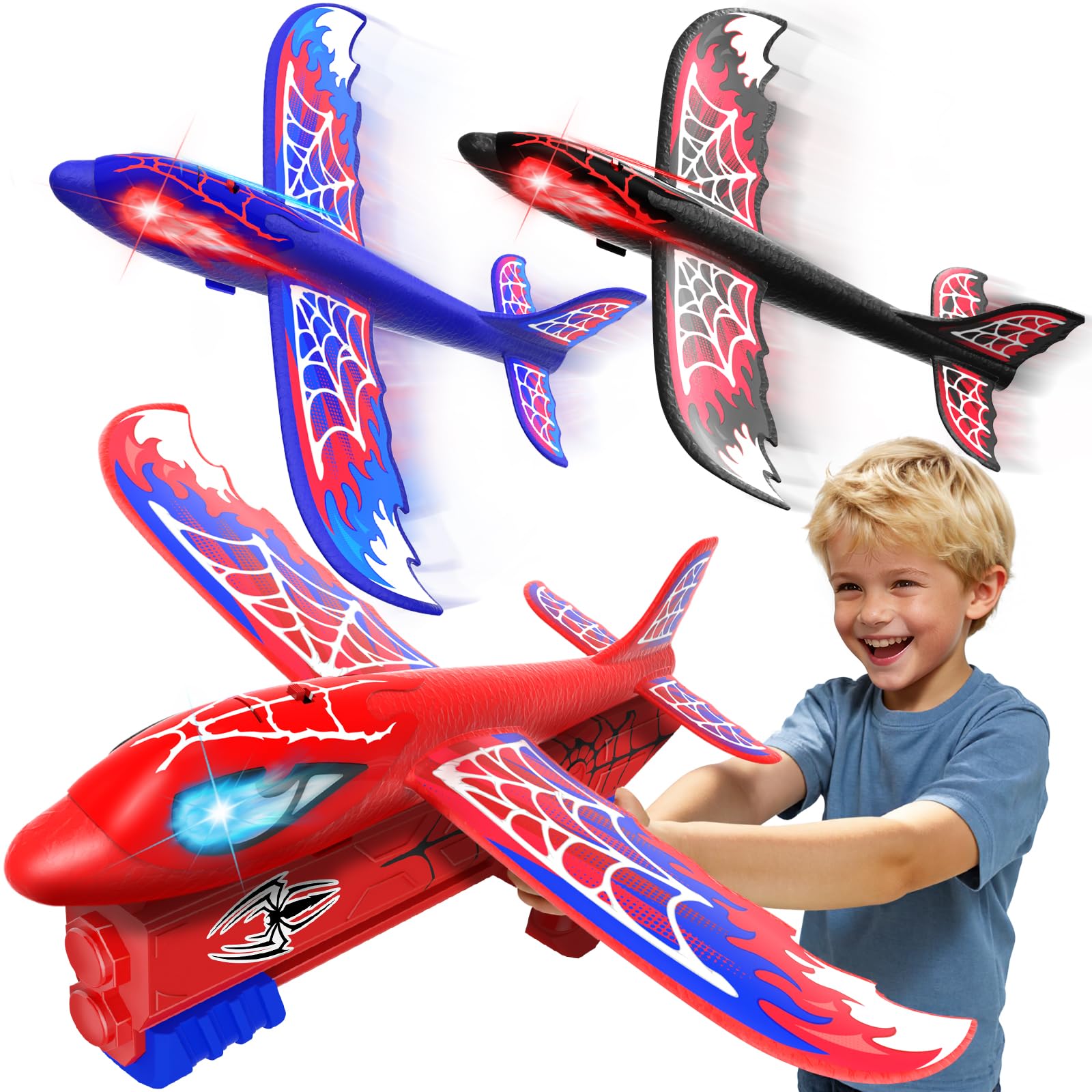 3 Pack Airplane Launcher Toy with Glowing Eyes & Web-Pattern Wings,2 Flight Modes Outdoor Games for Kids,Boys Toys Age 3-12,Birthday Gifts for 3 4 5 6 7 8 9 10 11 12 Year Old,Kids Gift(Red&Blue&Black)
