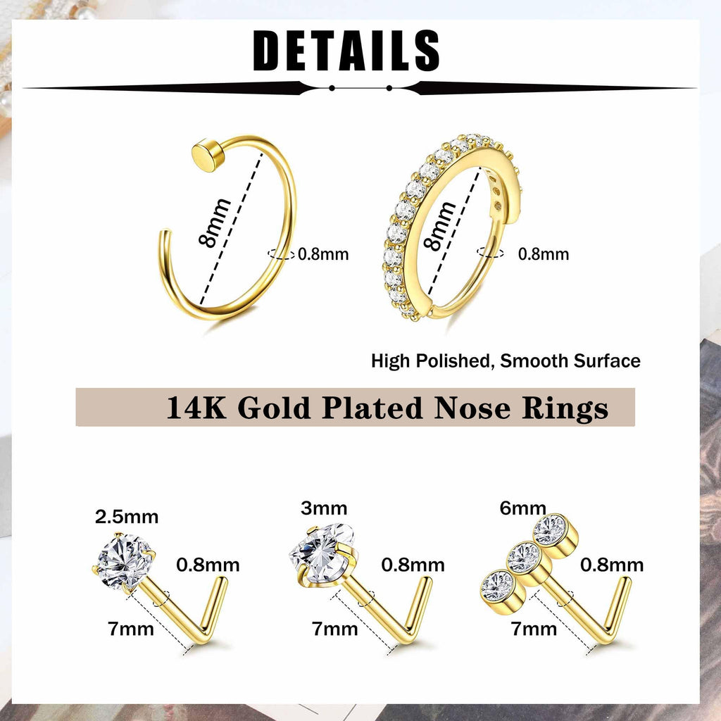 14K Gold Filled Nose Ring Studs 20G Nose Rings Hoops Stud 316L Stainless Steel Nose Rings Round CZ Heart L Shaped Nose Stud Hypoallergenic Nostril Piercing Jewelry for Women Men 10Pcs