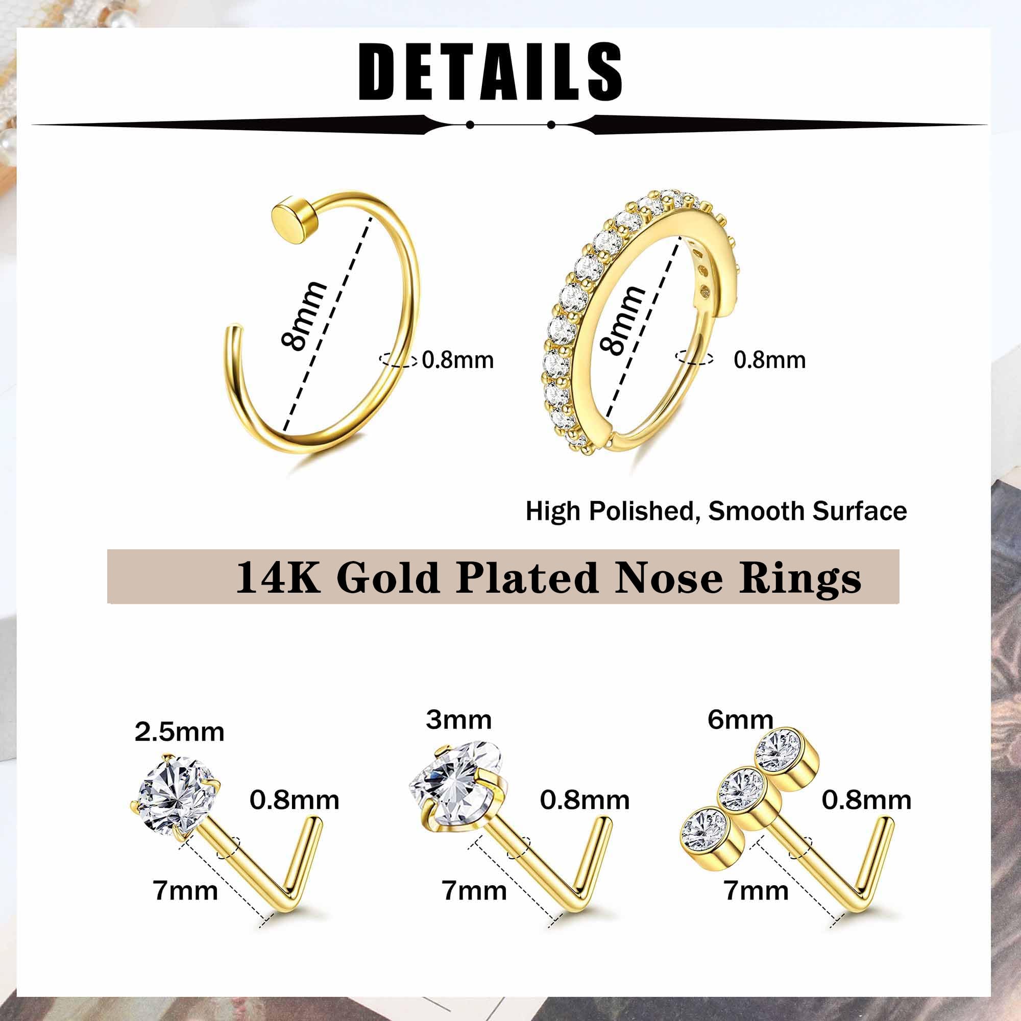 14K Gold Filled Nose Ring Studs 20G Nose Rings Hoops Stud 316L Stainless Steel Nose Rings Round CZ Heart L Shaped Nose Stud Hypoallergenic Nostril Piercing Jewelry for Women Men 10Pcs