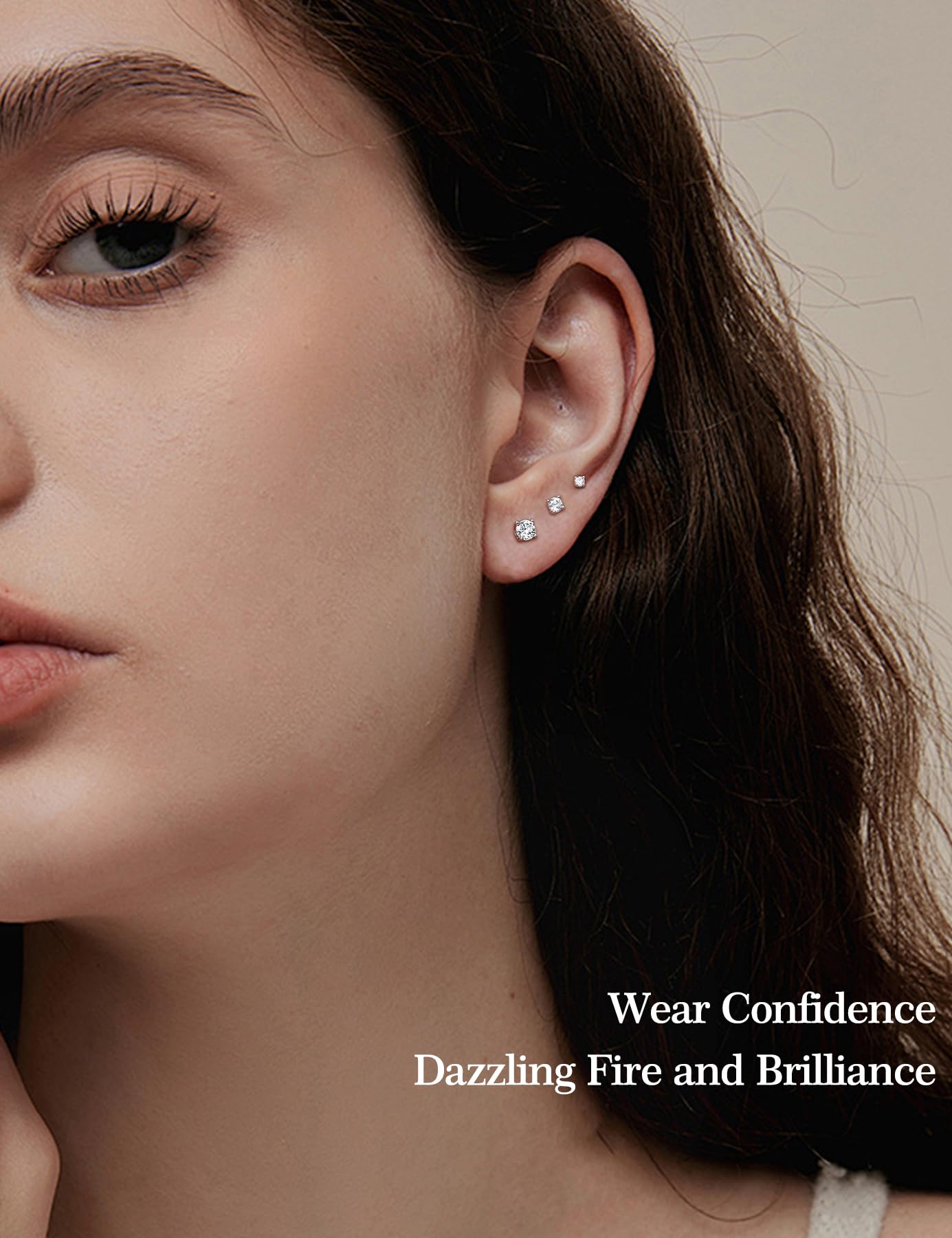 3 Pairs Moissanite Flatback Stud Earrings for Women, 925 Sterling Silver Hypoallergenic Flat Back Cartilage Earrings Set, 18K White Gold Plated (2,3,4mm)