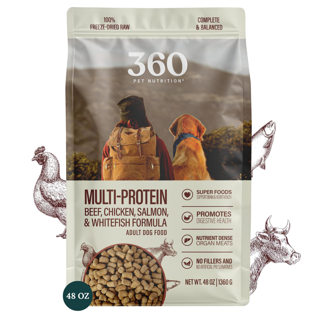 360 Pet Nutrition Freeze-Dried Raw Dog Food – Multi-Protein with Beef, Chicken, Fish, Liver & Organs, High Protein, Omega-3s, Fruits, Veggies & Superfoods, Grain-Free, No Fillers, 3 lb – Made in USA