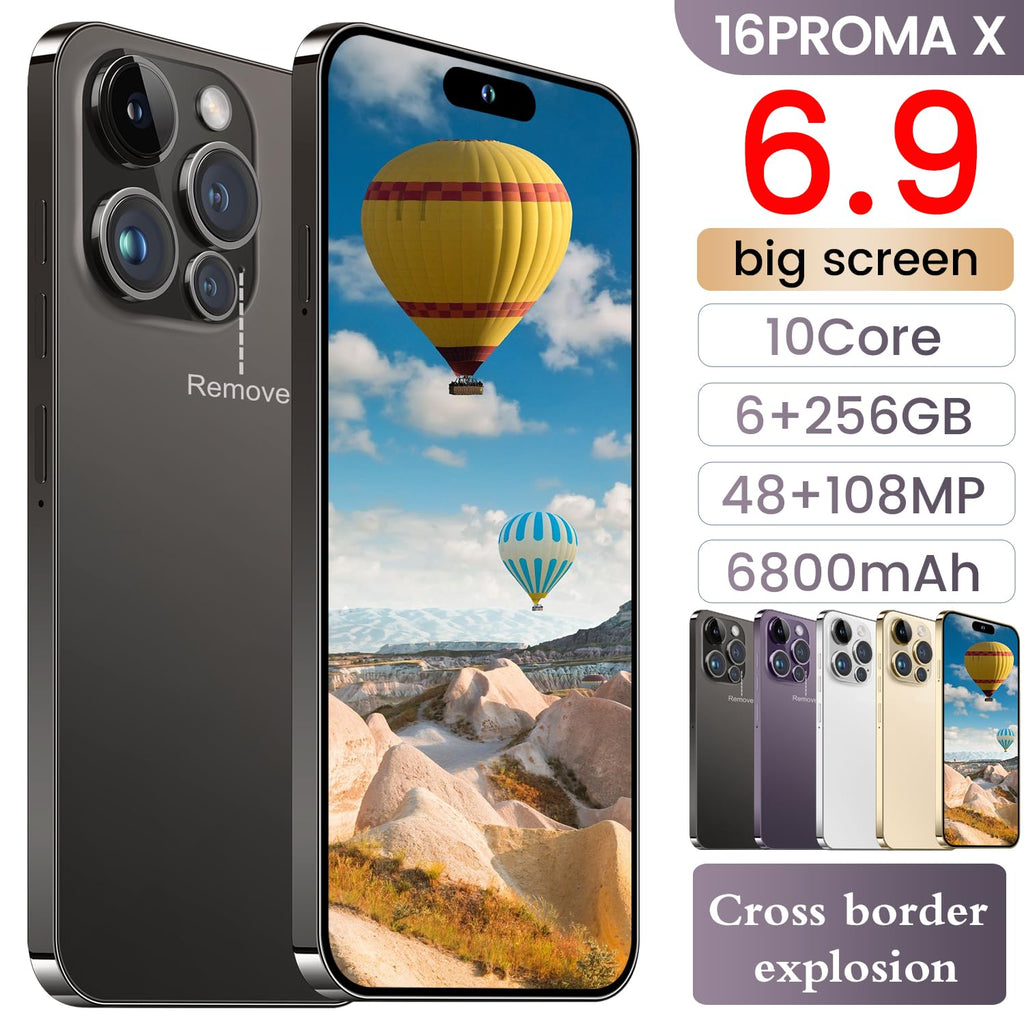 16PROMA X Unlocked Smartphone 6.9" HD Screen 6+256GB Smartphone with 128G Memory Card New System 6800mAh Long Battery Dual SIM/Fingerprint Lock/Face ID/GPS (Black)