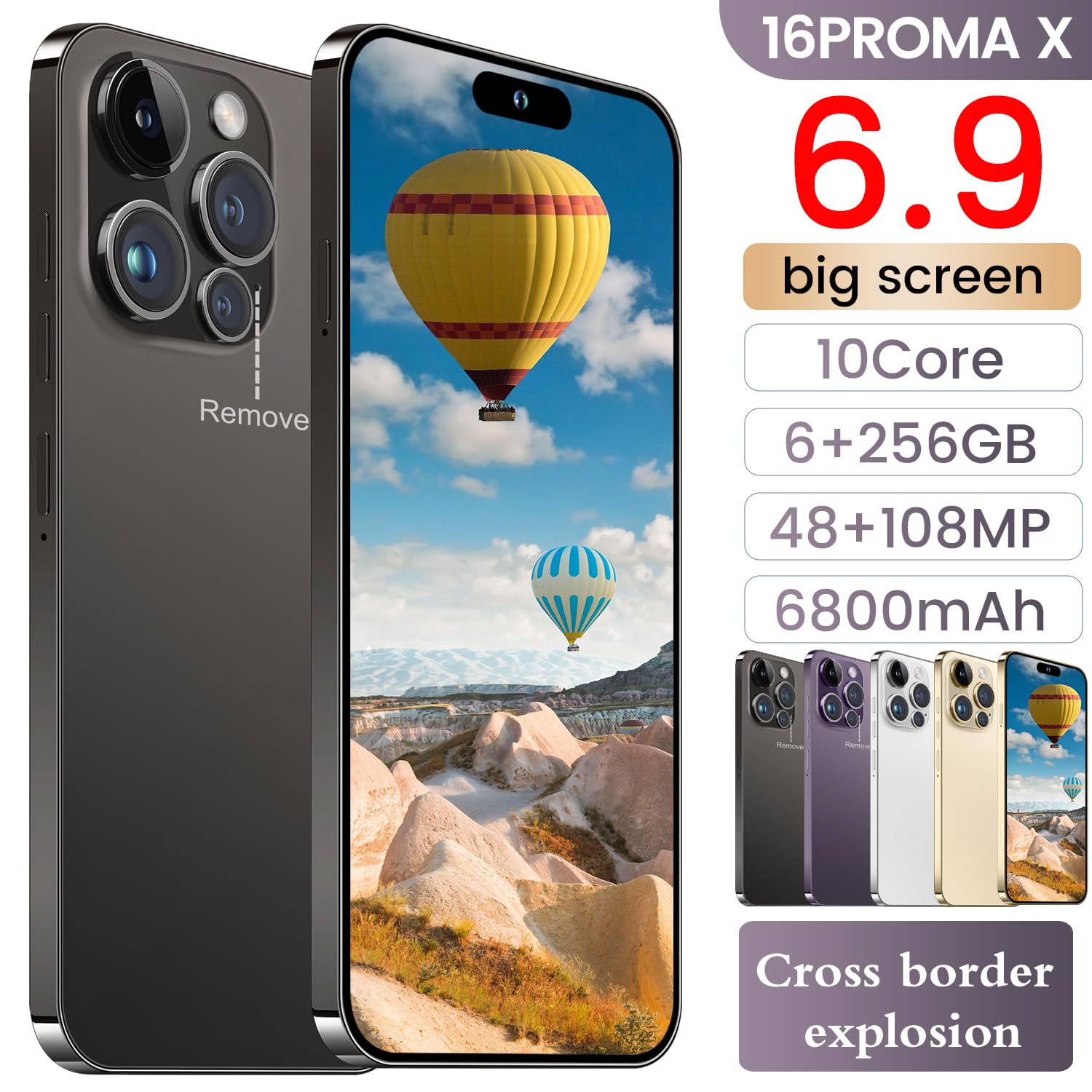 16PROMA X Unlocked Smartphone 6.9" HD Screen 6+256GB Smartphone with 128G Memory Card New System 6800mAh Long Battery Dual SIM/Fingerprint Lock/Face ID/GPS (Black)