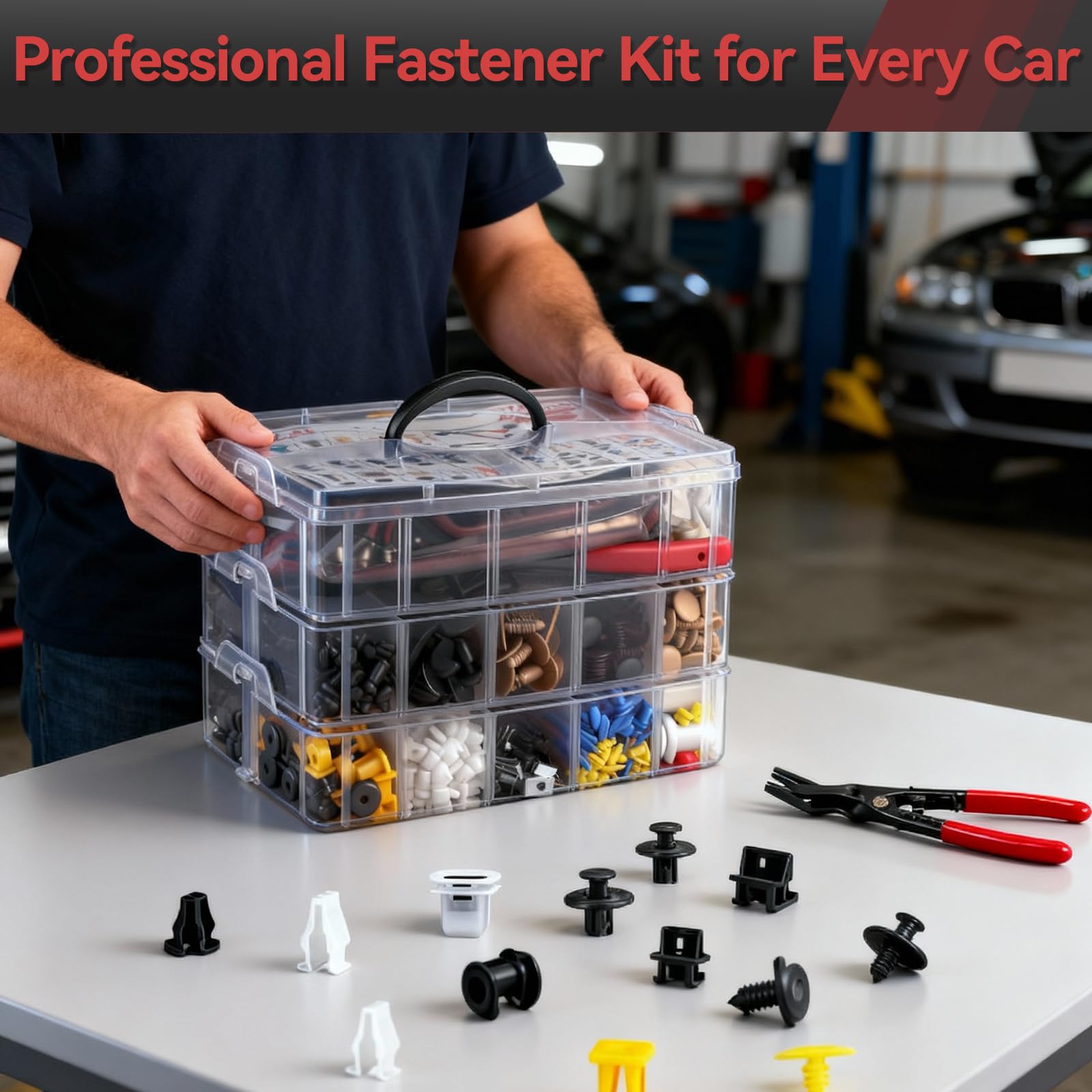 2080PCS Auto Retainer Clips Kit with Fastener Plier, Trim Removal Tools and 3-Layer Organizer Box, 33 Most Common Push Rivets for Car Bumper, Fender, Door Panel and Interior Repair