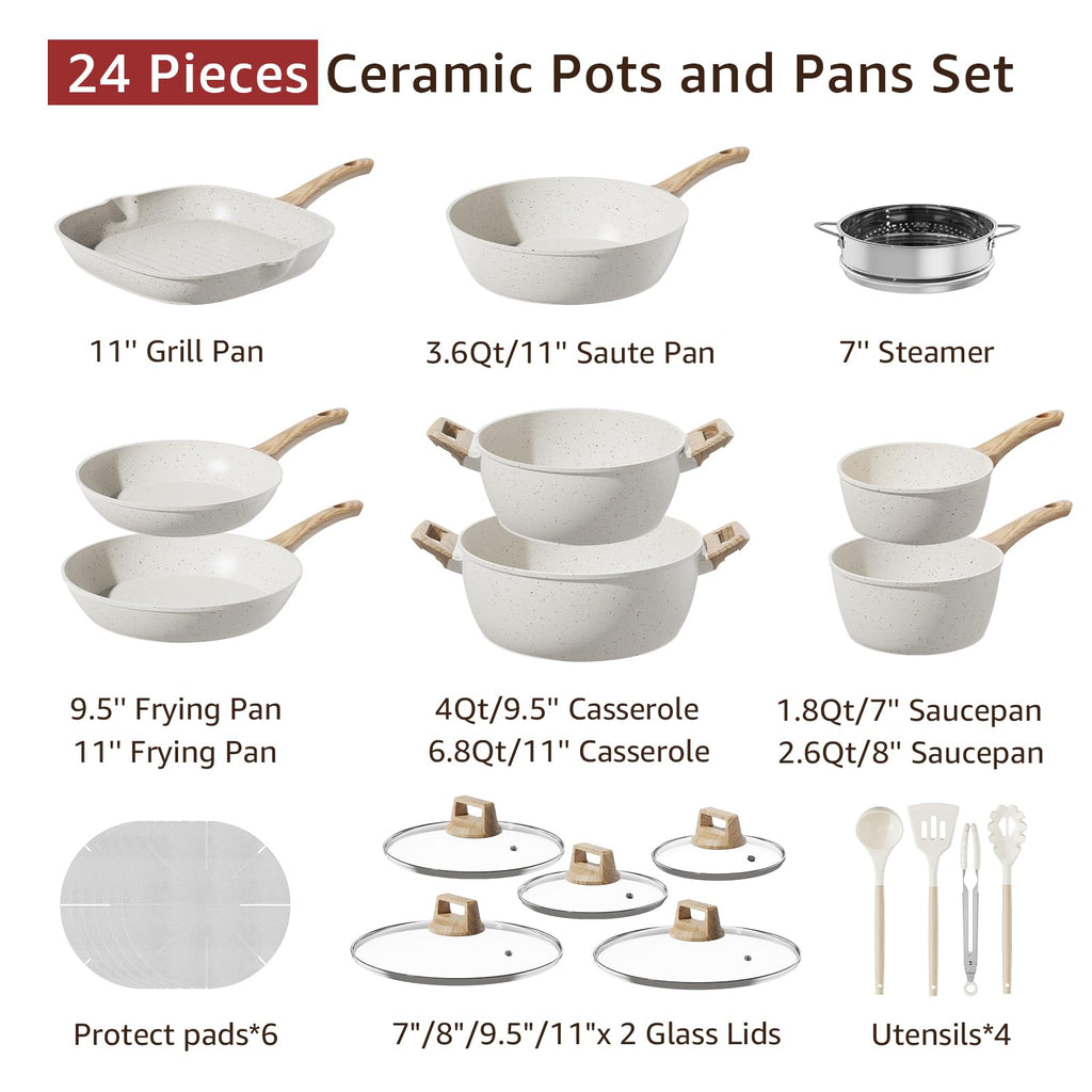 24-Piece Pots and Pans Set Non Stick, Titanium-Reinforced Ceramic Cookware Set, Long-Lasting Nonstick, PFAS-Free, Induction Compatible, Complete Kitchen Set for Everyday Cooking