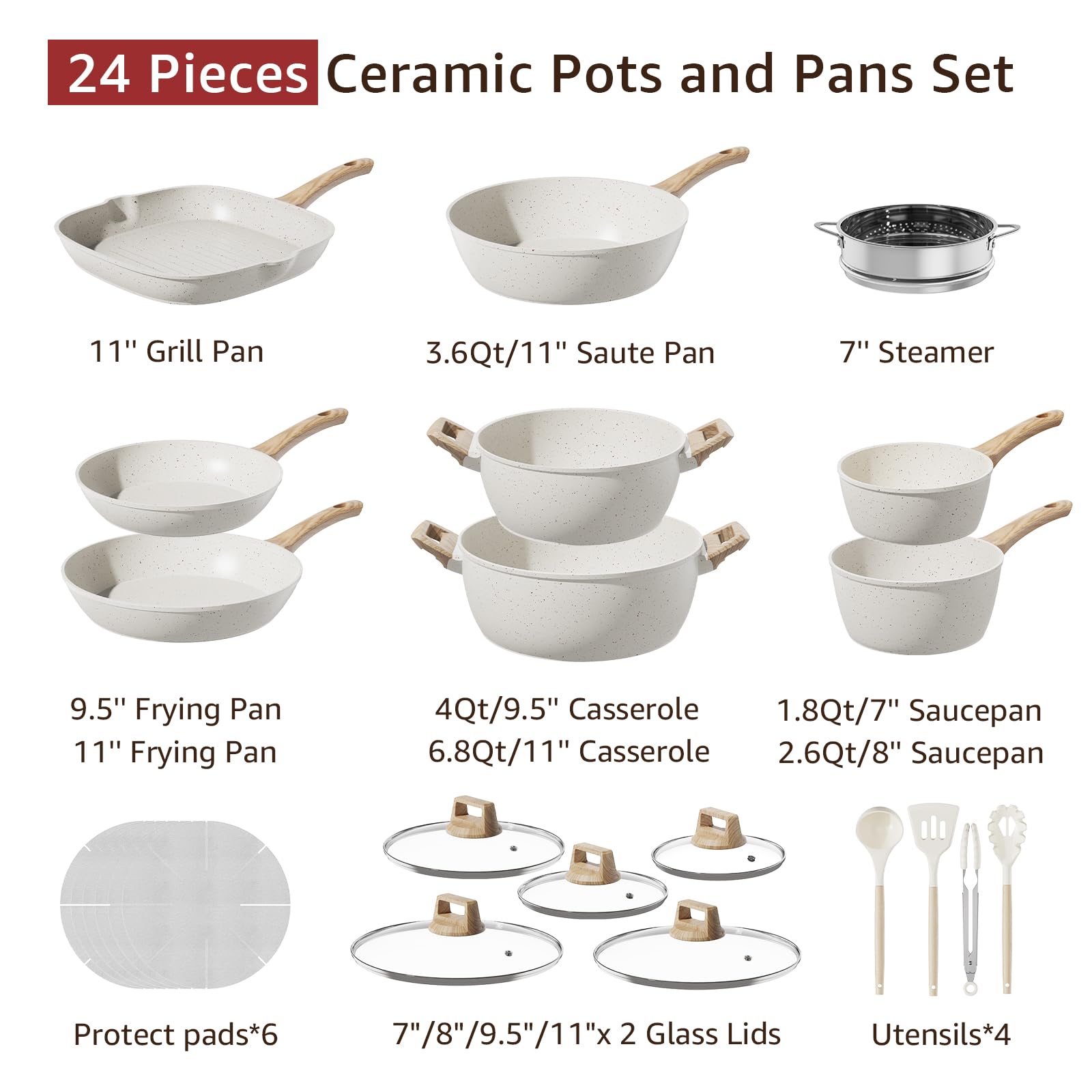 24-Piece Pots and Pans Set Non Stick, Titanium-Reinforced Ceramic Cookware Set, Long-Lasting Nonstick, PFAS-Free, Induction Compatible, Complete Kitchen Set for Everyday Cooking