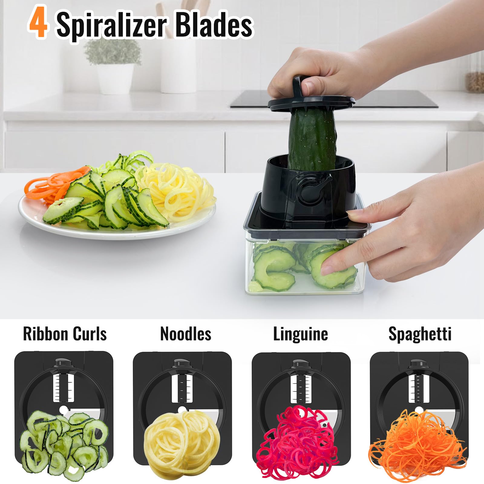 12 Blade All-in-1 Vegetable Chopper Mandoline Slicer with Container, Spiralizer with Containers, Food Chopper, Onion Chopper, Veggie Cutter for Salad, Kitchen Gadgets Accessories Essentials, Black