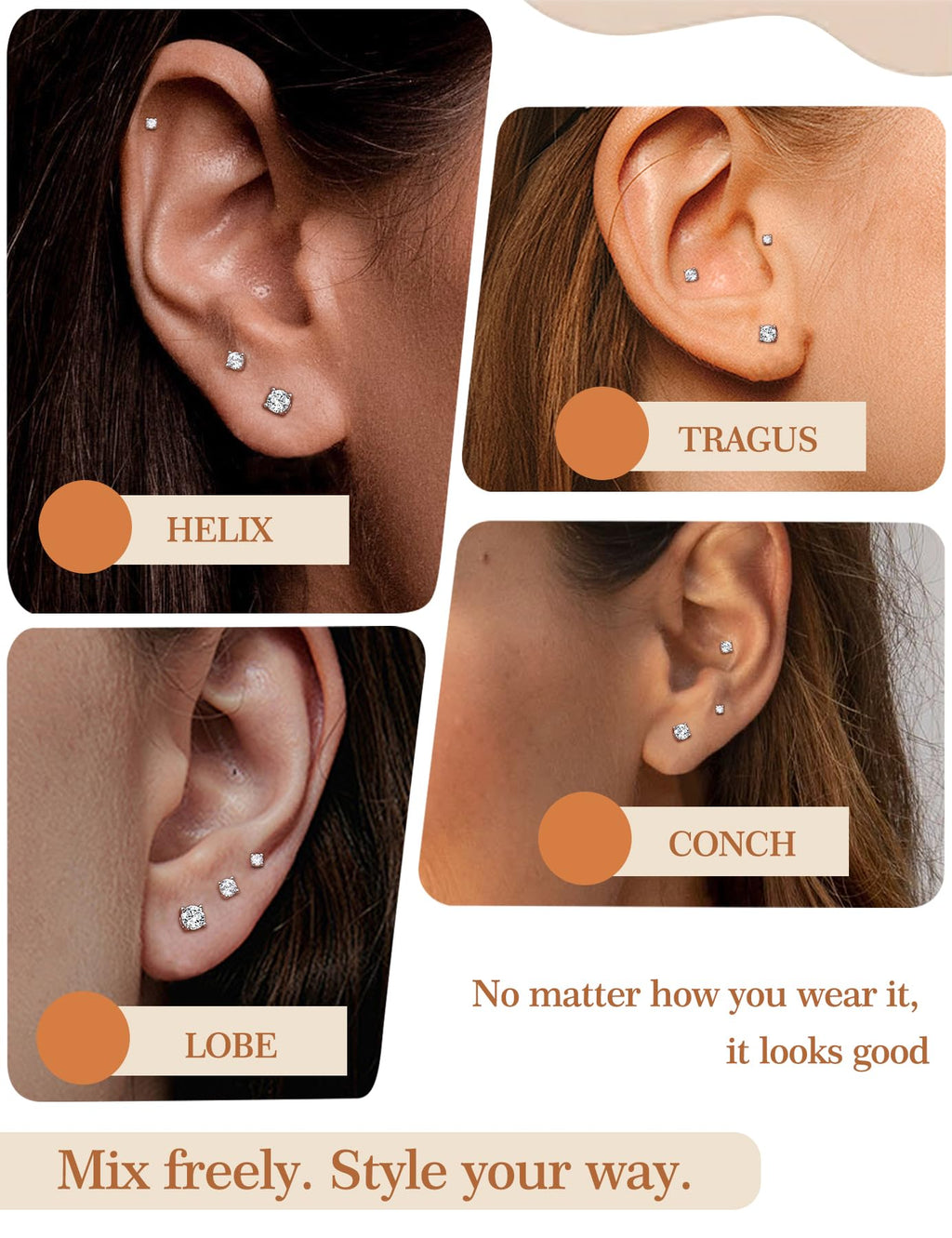 3 Pairs Moissanite Flatback Stud Earrings for Women, 925 Sterling Silver Hypoallergenic Flat Back Cartilage Earrings Set, 18K White Gold Plated (2,3,4mm)