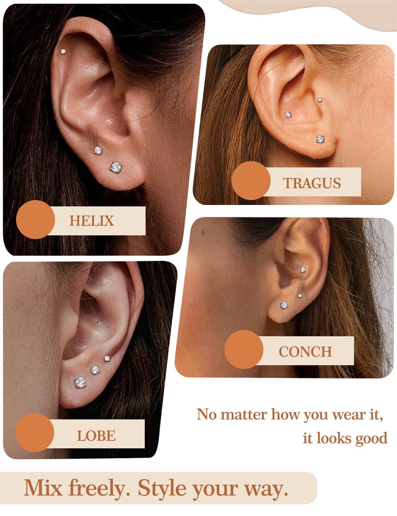 3 Pairs Moissanite Flatback Stud Earrings for Women, 925 Sterling Silver Hypoallergenic Flat Back Cartilage Earrings Set, 18K White Gold Plated (2,3,4mm)