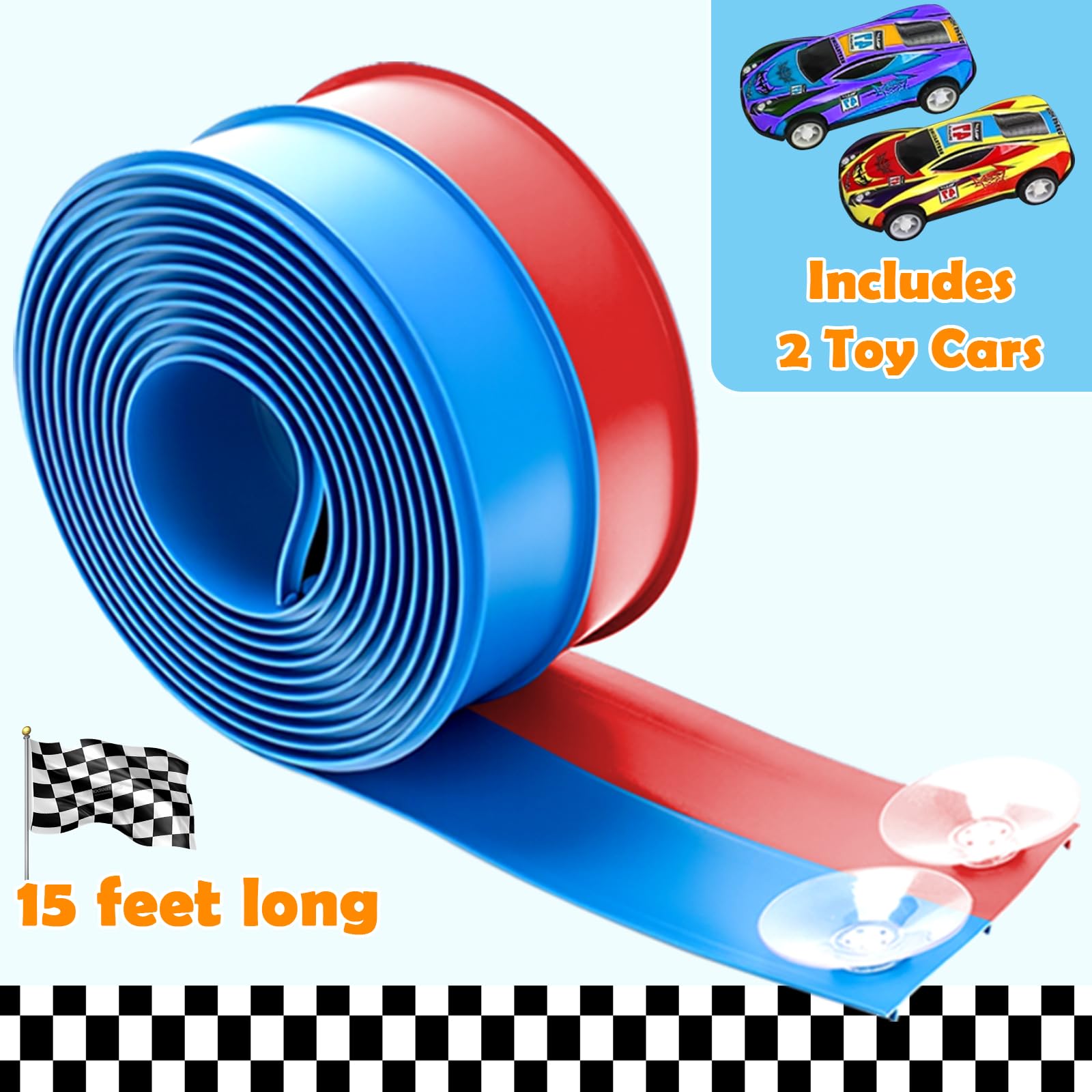 15 Ft Flexible Race Track for Kids 3+, Certified Safe Flex Race Car Ramp with Two 1/64 Diecast Cars — Starter Set, Portable Roll-Up Racetrack with Strong Suction Cups, Great Gift for Boys Girls