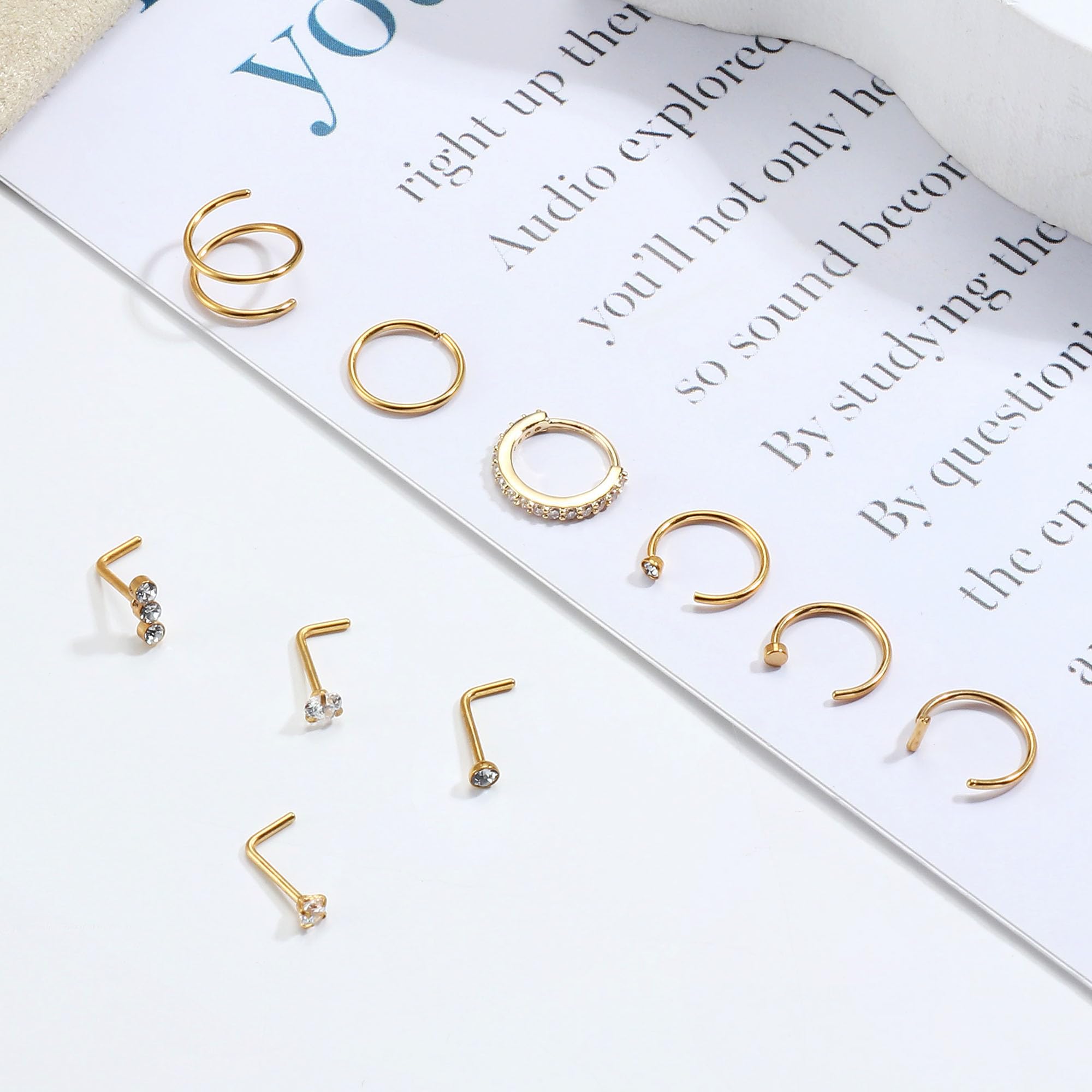 14K Gold Filled Nose Ring Studs 20G Nose Rings Hoops Stud 316L Stainless Steel Nose Rings Round CZ Heart L Shaped Nose Stud Hypoallergenic Nostril Piercing Jewelry for Women Men 10Pcs