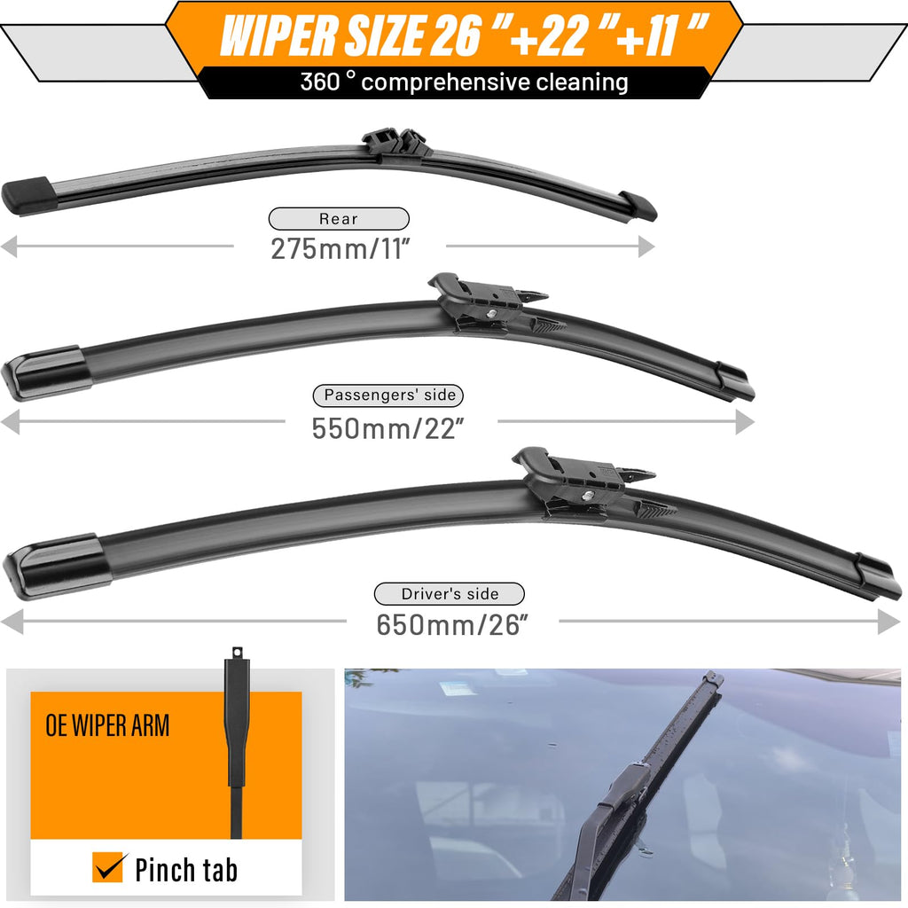 3 Wiper Blades Replacement for Ford Explorer 2011-2018 2019 2020 2021 2022 2023 2024,Original Equipment Replacement Front and Rear Windshield Wiper Blade - Pinch Tab 26"/22"/11" (Set of 3)