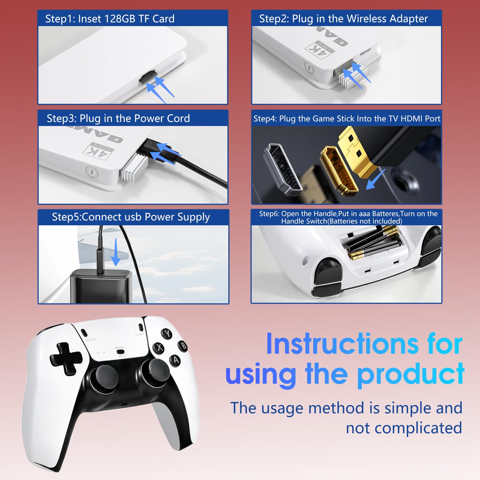 2026 New Wireless Retro Game Console, 23 Emulators and 40000+Games, Plug and Play 4K HDMI TV Game Stick, with Dual 2.4G Wireless Controllers (White)