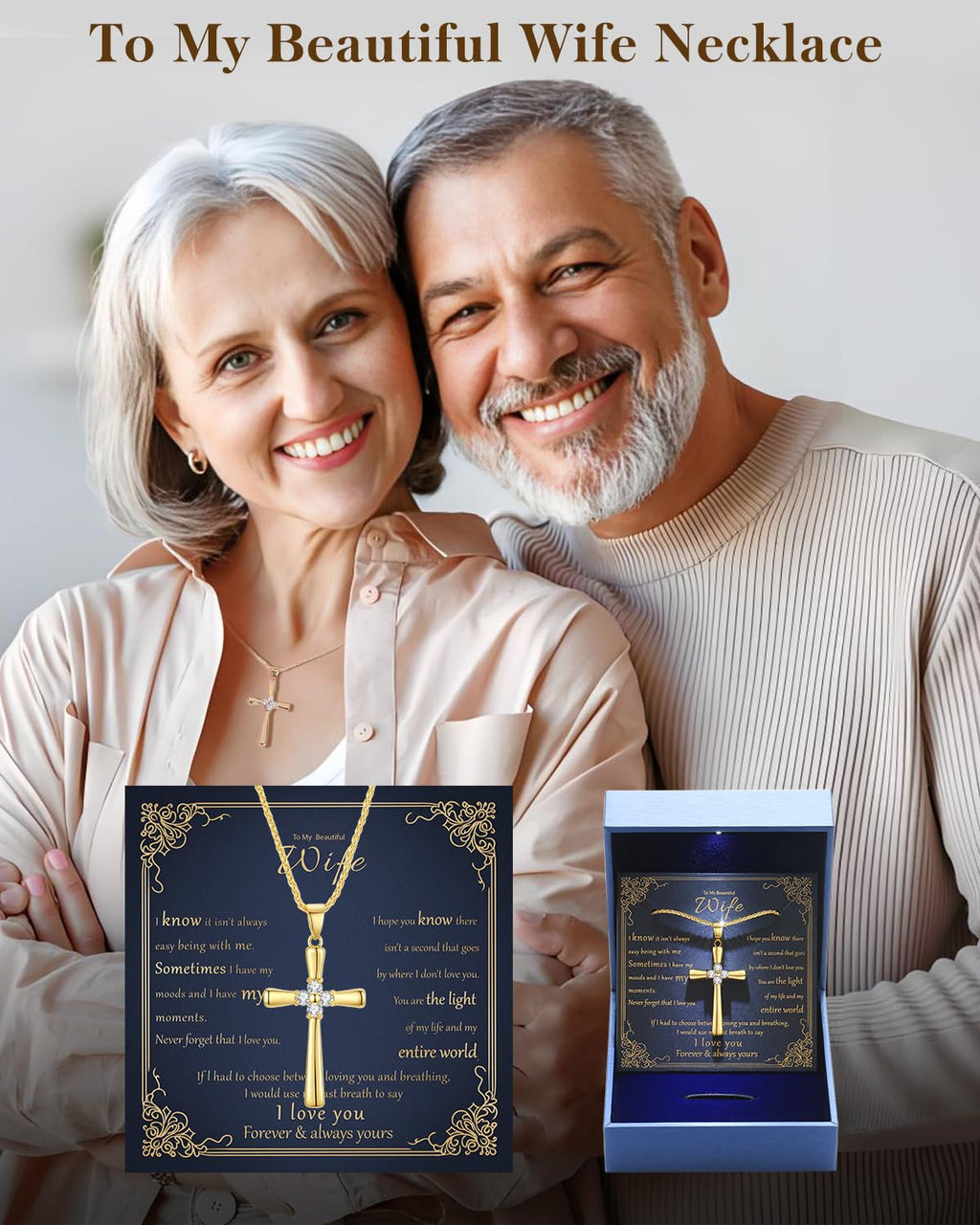 18K Gold Moissanite Cross Necklace Gifts for Wife Anniversary, Birthday Gifts for Wife, Wedding Anniversary Presents for Women Gift for Her with Love Card, Christian Gold Jewelry Necklace for Women