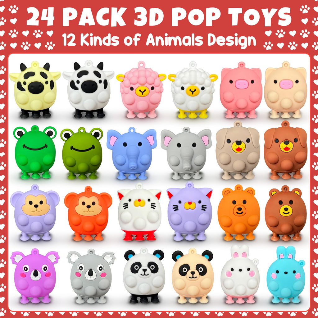 24PCS Valentines Day Cards for Kids School Classroom with 3D Animal Pop Suction Toys Valentine Day Exchange Gifts Bulk Fidget Toys for Toddlers Boys Girls Valentine's Party Favors Goodie Bag Stuffers