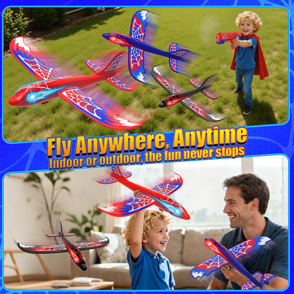 3 Pack Airplane Launcher Toy with Glowing Eyes & Web-Pattern Wings,2 Flight Modes Outdoor Games for Kids,Boys Toys Age 3-12,Birthday Gifts for 3 4 5 6 7 8 9 10 11 12 Year Old,Kids Gift(Red&Blue&Black)
