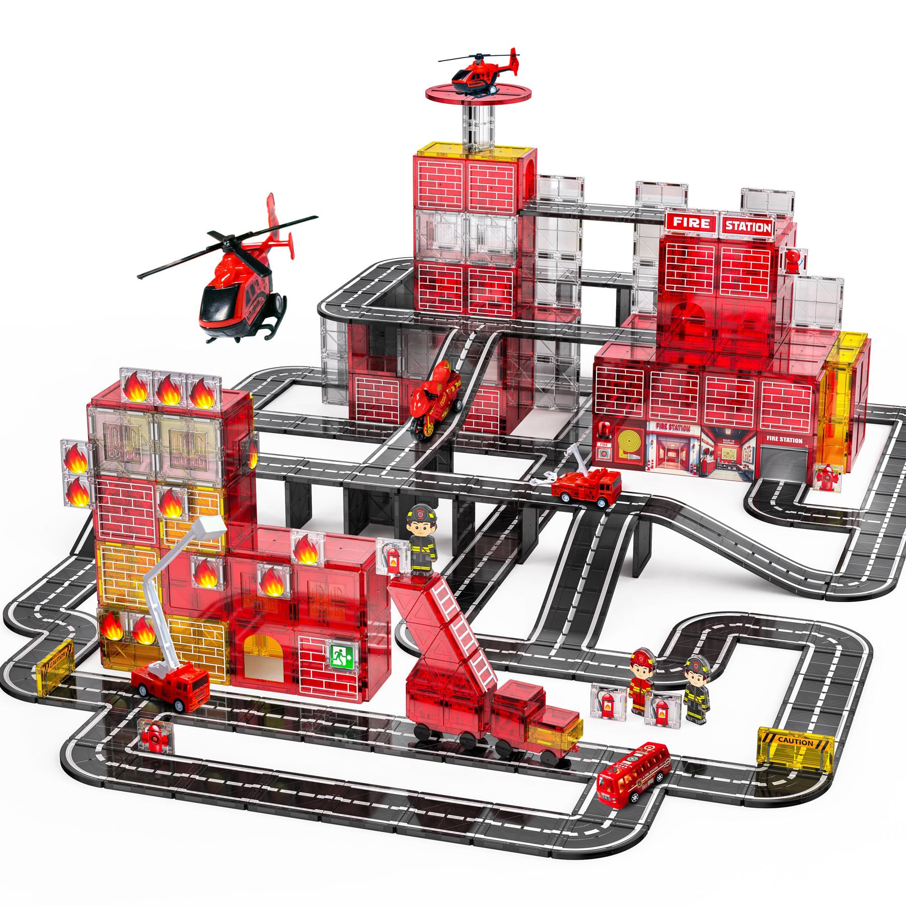 141PCS Magnetic Tiles for kids, Fire Rescue Theme Magnet Tiles with Fire Station & Fire Rescue Vehicles, STEM Magnetic Tiles for Kids Ages 4-8, Preschool Educational Building Toys for Boys & Girls