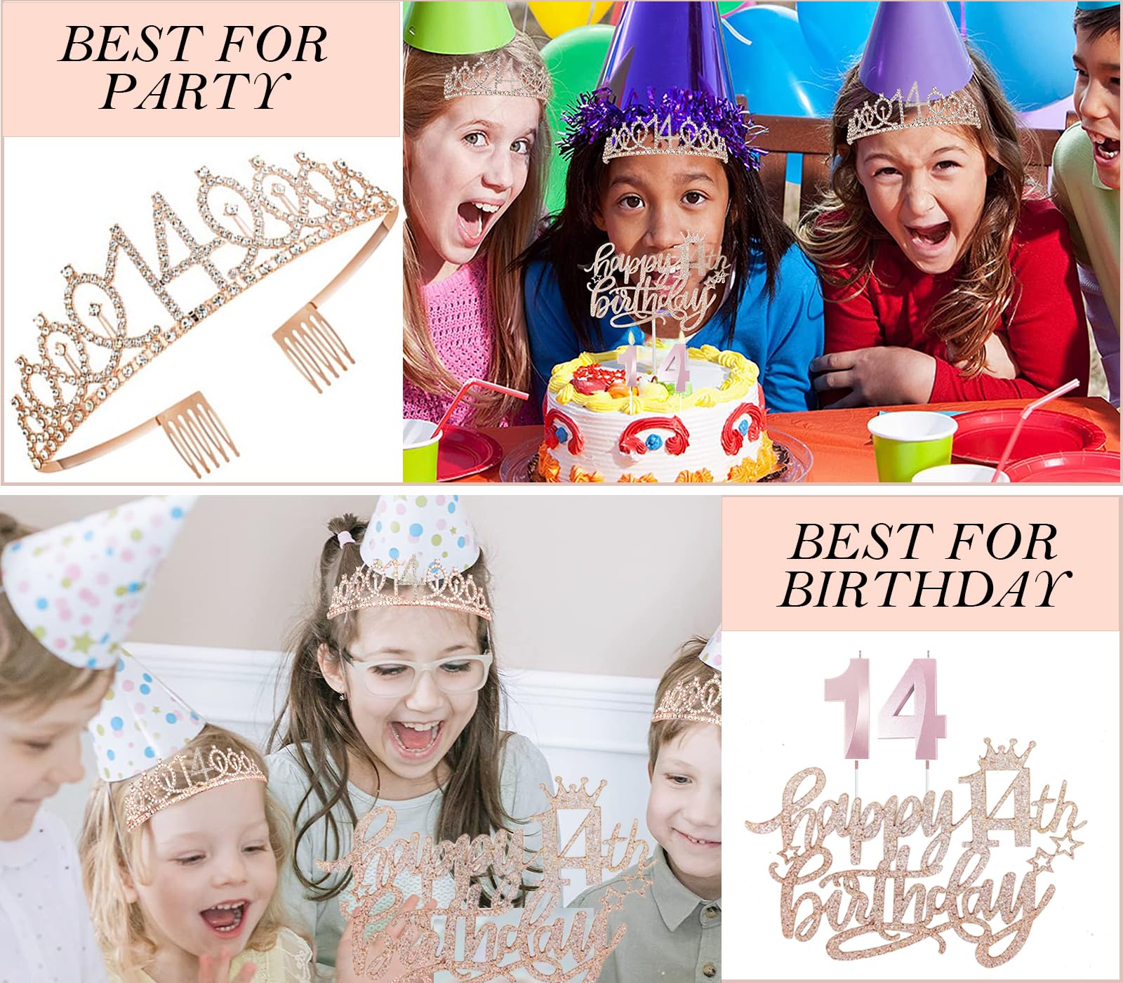 14th Birthday Decorations for Girls, 14th Birthday Sash and Crown, Cake Topper, Number Candles and Balloons, 14 Year Old Gifts for Girls