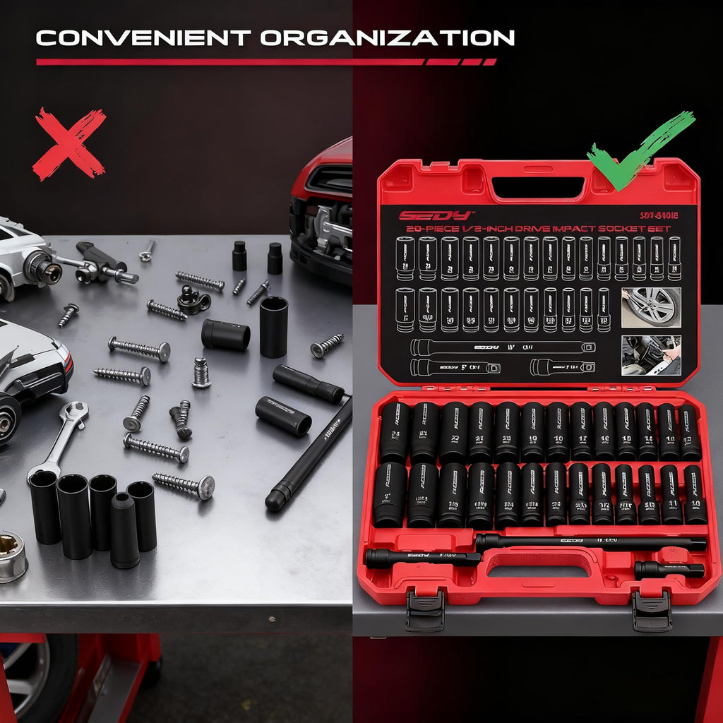 29-Piece 1/2" Drive Impact Socket Set, SAE (3/8 to 1 inch) and Metric (10-24mm) Sizes with Extension Bars Standard Deep Socket Set CR-V Material High Durability Impact Wrench