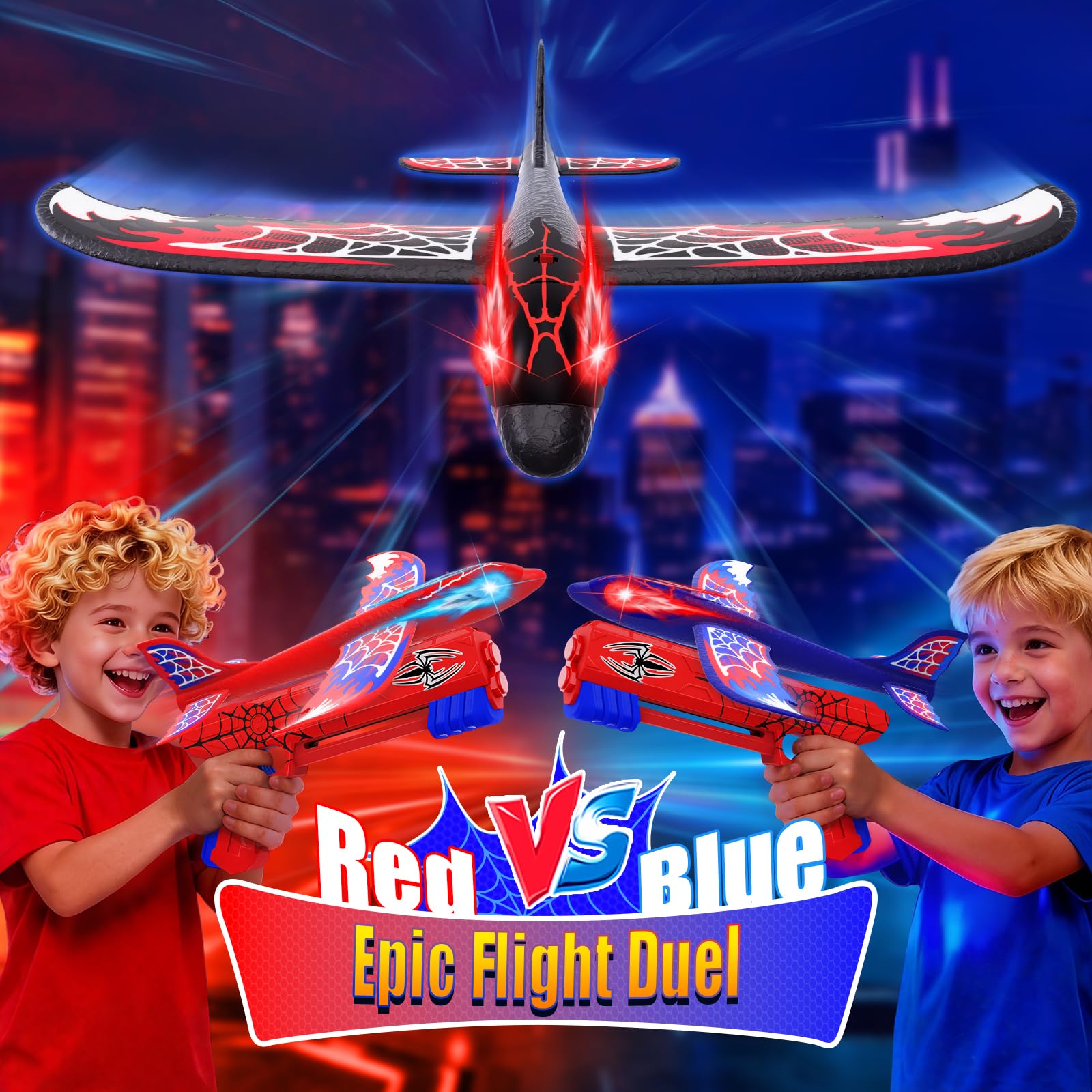 3 Pack Airplane Launcher Toy with Glowing Eyes & Web-Pattern Wings,2 Flight Modes Outdoor Games for Kids,Boys Toys Age 3-12,Birthday Gifts for 3 4 5 6 7 8 9 10 11 12 Year Old,Kids Gift(Red&Blue&Black)