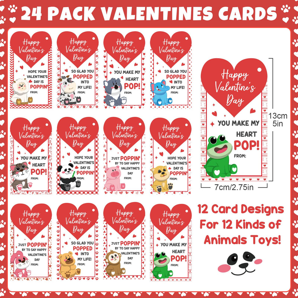 24PCS Valentines Day Cards for Kids School Classroom with 3D Animal Pop Suction Toys Valentine Day Exchange Gifts Bulk Fidget Toys for Toddlers Boys Girls Valentine's Party Favors Goodie Bag Stuffers