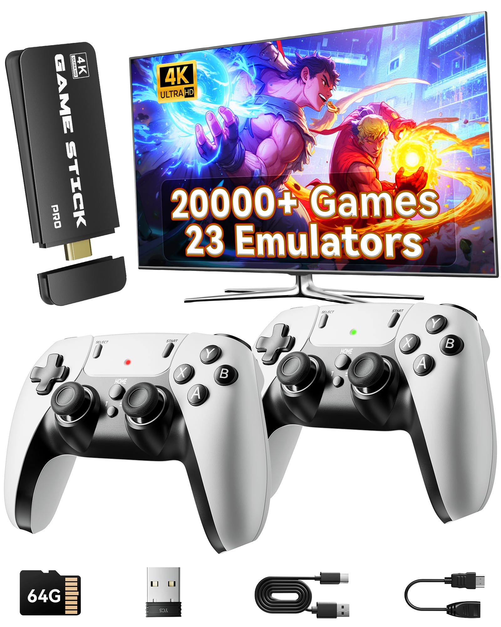 2026 Upgraded Retro Gaming Console, 20,000+ Retro Game Stick, 23 Emulators, 4K HD HDMI TV Game Stick, Built-in Classic Video Games, Plug & Play Game Console for TV 2 Wireless Controllers (Black)