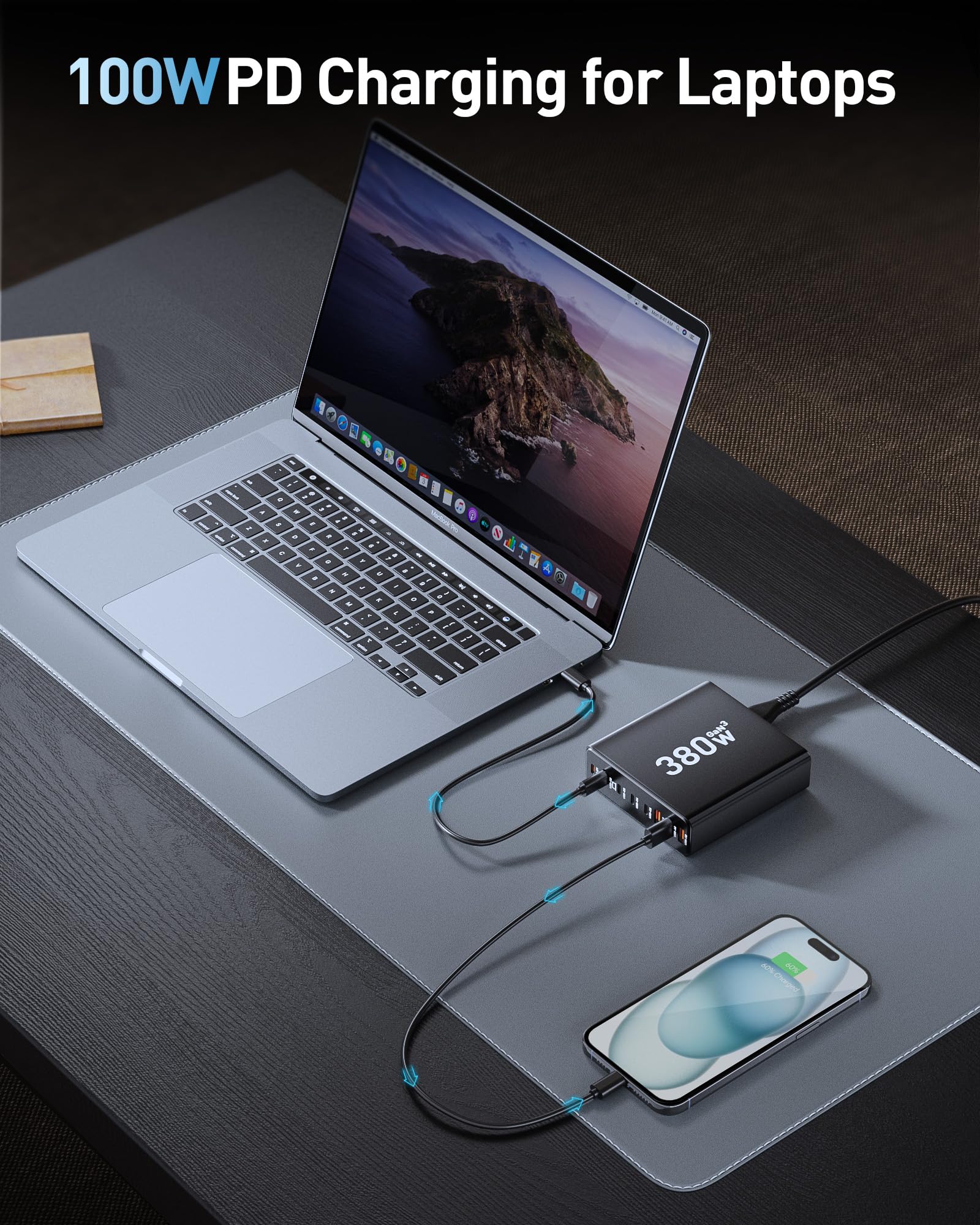 380W USB C Charger Block,with 4 USB Cables 8-Port USB C Charging Station Dual 100W Laptop Charger Fast Charger Type C Charging Block for MacBook Pro, Dell XPS, iPhone, iPad, Tablet (Bright Black)