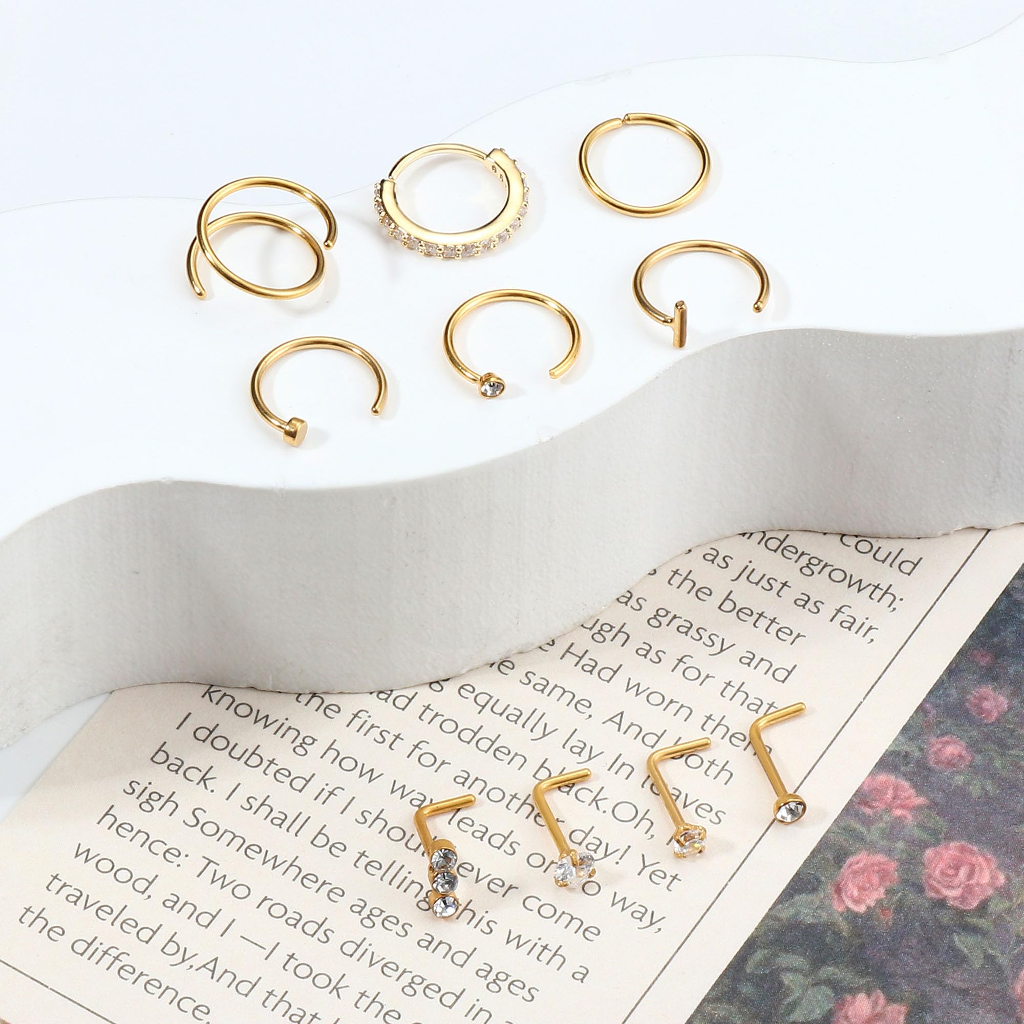14K Gold Filled Nose Ring Studs 20G Nose Rings Hoops Stud 316L Stainless Steel Nose Rings Round CZ Heart L Shaped Nose Stud Hypoallergenic Nostril Piercing Jewelry for Women Men 10Pcs