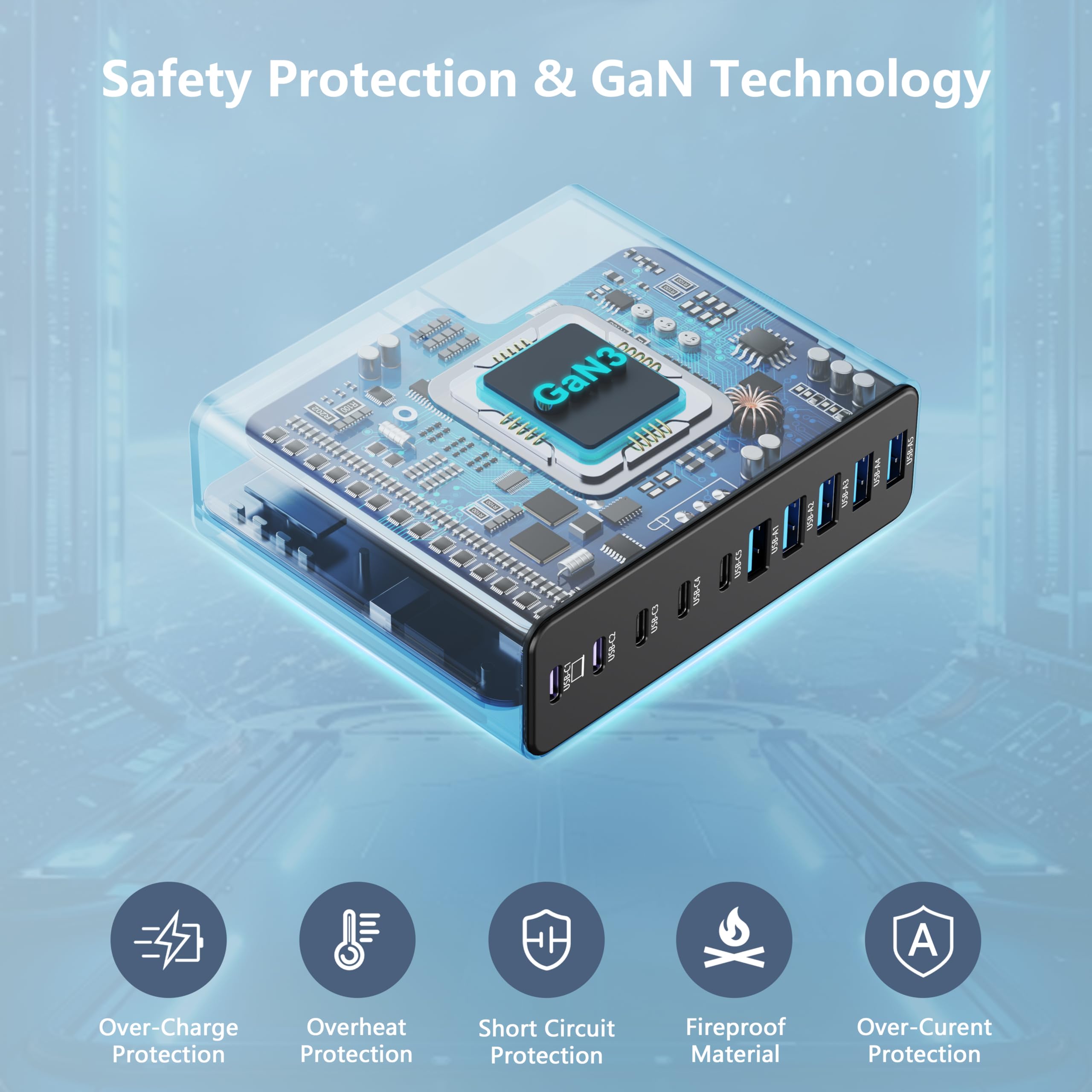 320W USB C Charger Block, 10-Port USB C Charging Station GaN III PD 65W Laptop Fast Charger Adapter for MacBook Pro/Air, DELL, iPad, iPhone, Samsung Galaxy Black