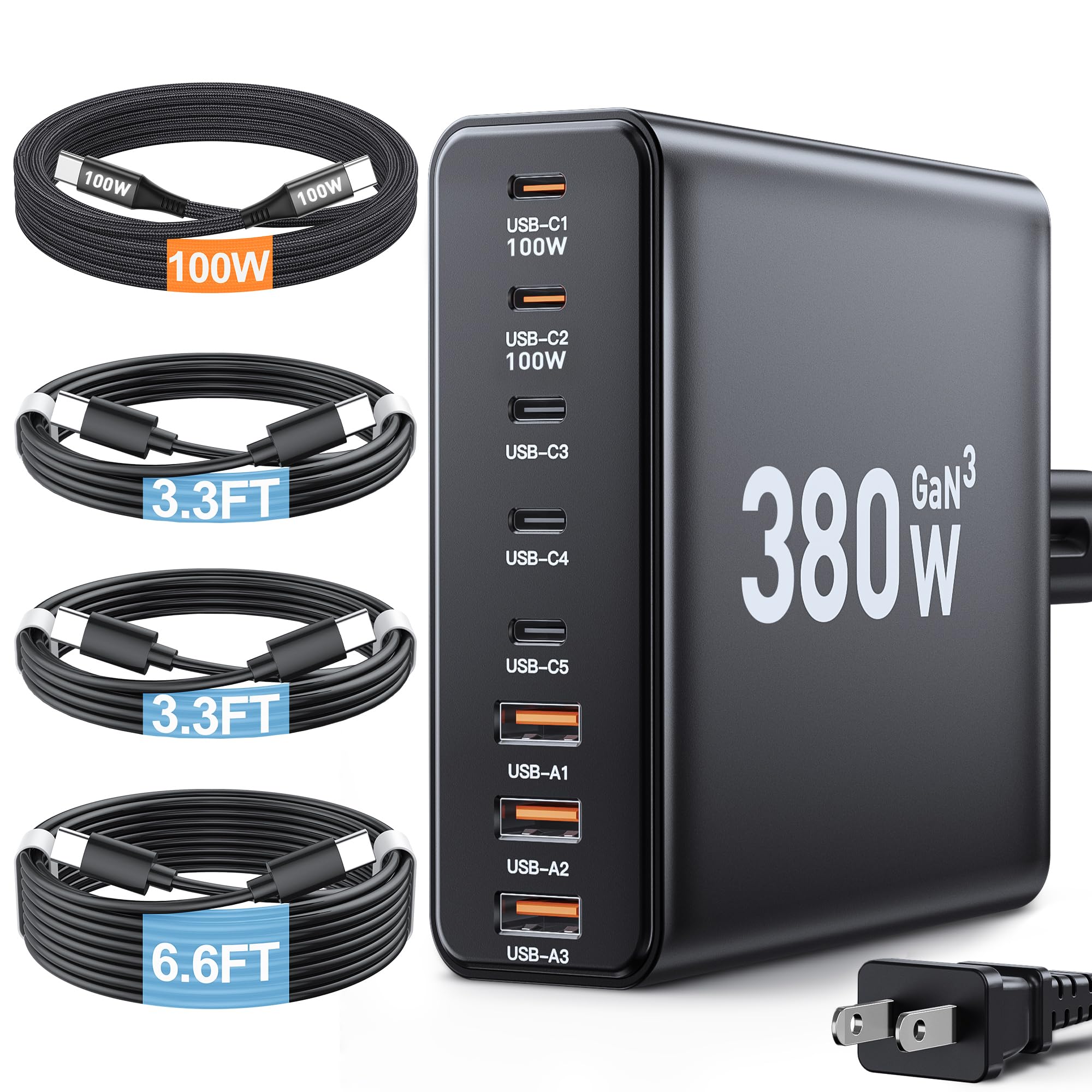 380W USB C Charger Block,with 4 USB Cables 8-Port USB C Charging Station Dual 100W Laptop Charger Fast Charger Type C Charging Block for MacBook Pro, Dell XPS, iPhone, iPad, Tablet (Bright Black)