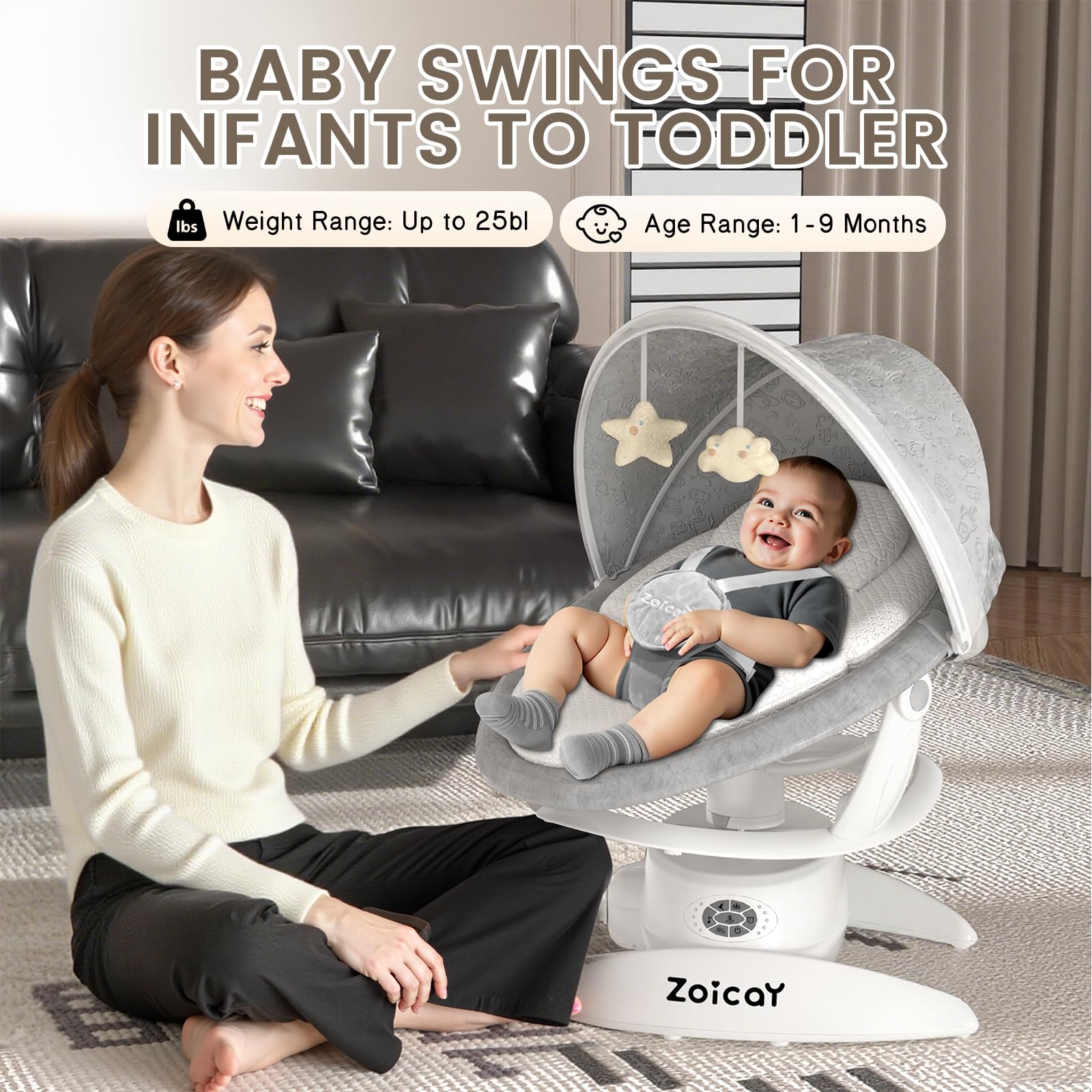 3-in-1 Baby Swing for Infants with Motion Detection, Infant Swing with 5 Speeds & 3 Swing Modes, 12 Lullabies, Electric Swing for Baby, Up to 25 lbs, White