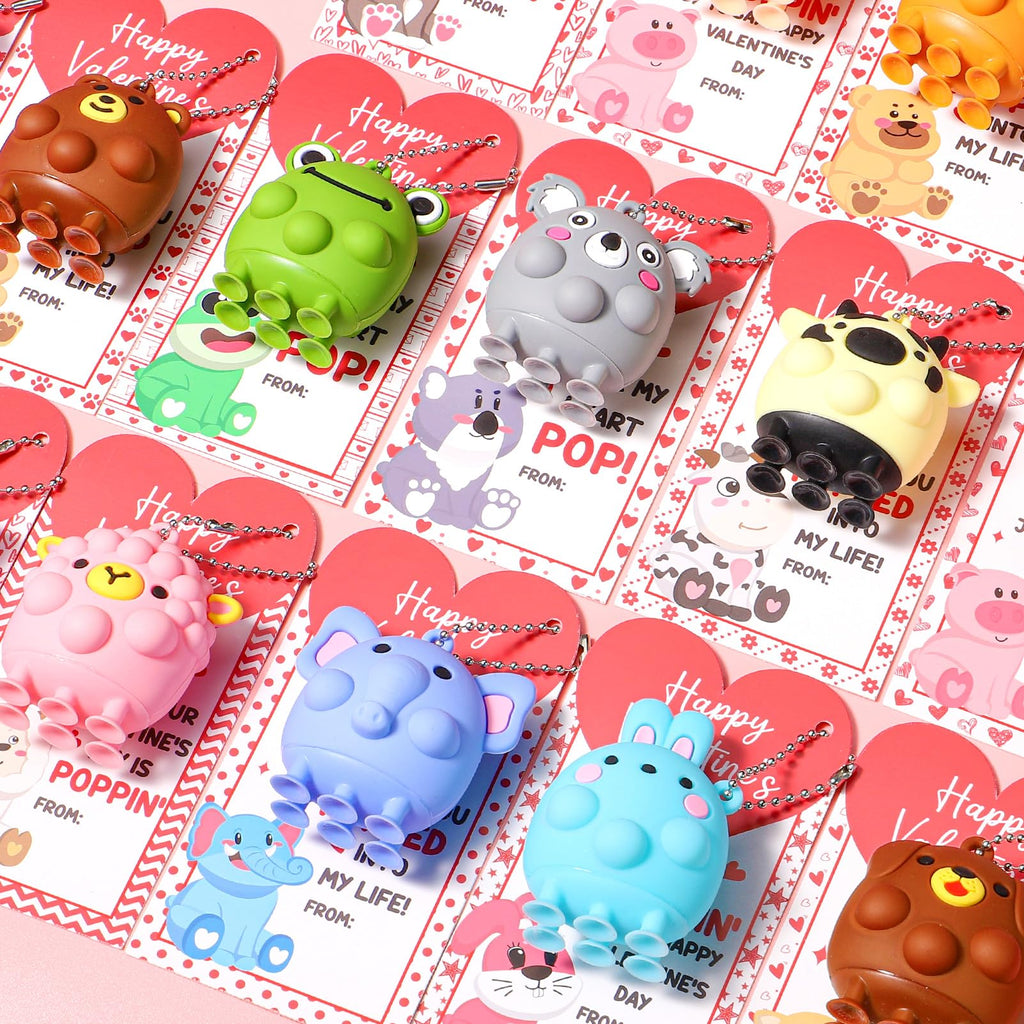 24PCS Valentines Day Cards for Kids School Classroom with 3D Animal Pop Suction Toys Valentine Day Exchange Gifts Bulk Fidget Toys for Toddlers Boys Girls Valentine's Party Favors Goodie Bag Stuffers