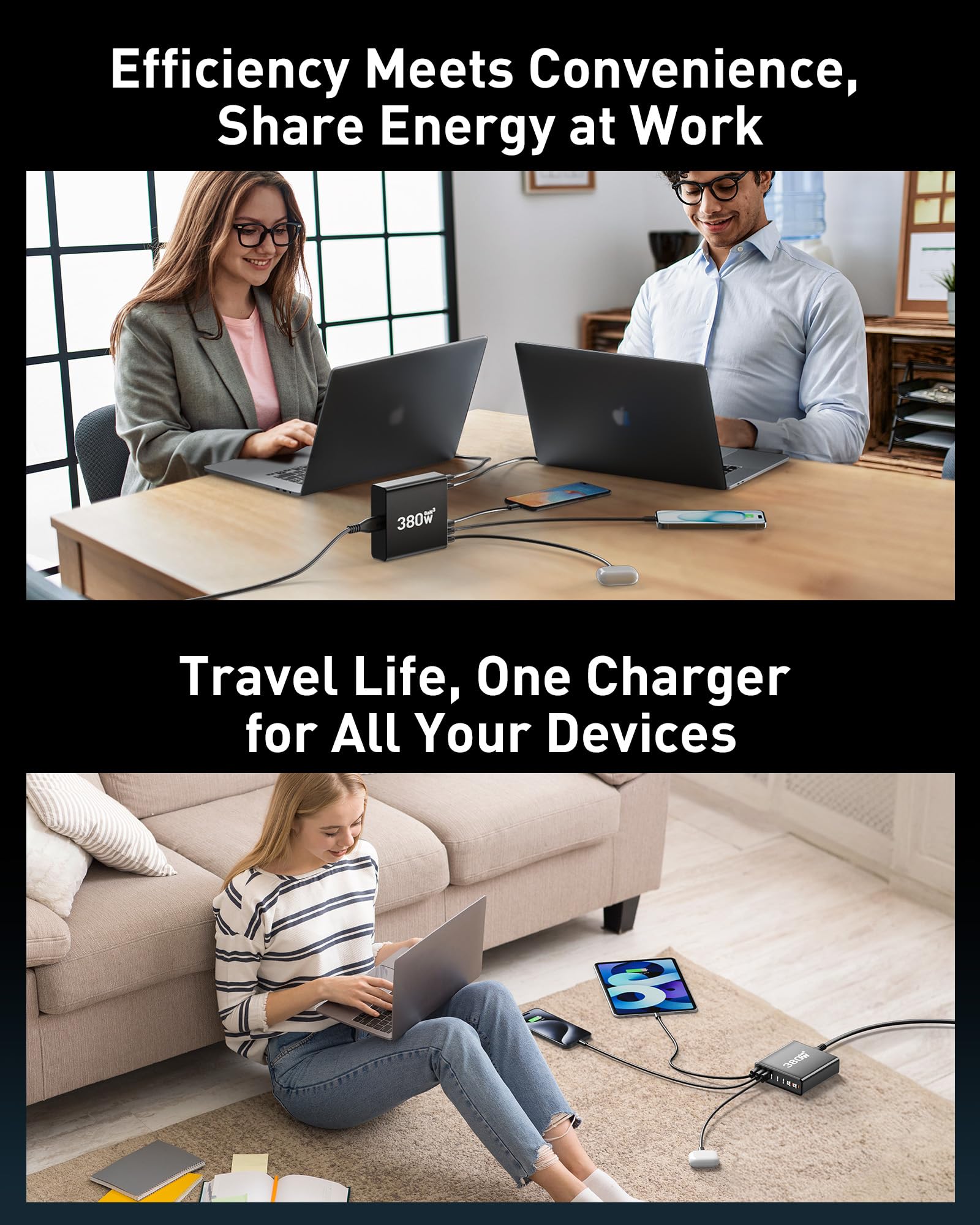 380W USB C Charger Block,with 4 USB Cables 8-Port USB C Charging Station Dual 100W Laptop Charger Fast Charger Type C Charging Block for MacBook Pro, Dell XPS, iPhone, iPad, Tablet (Bright Black)