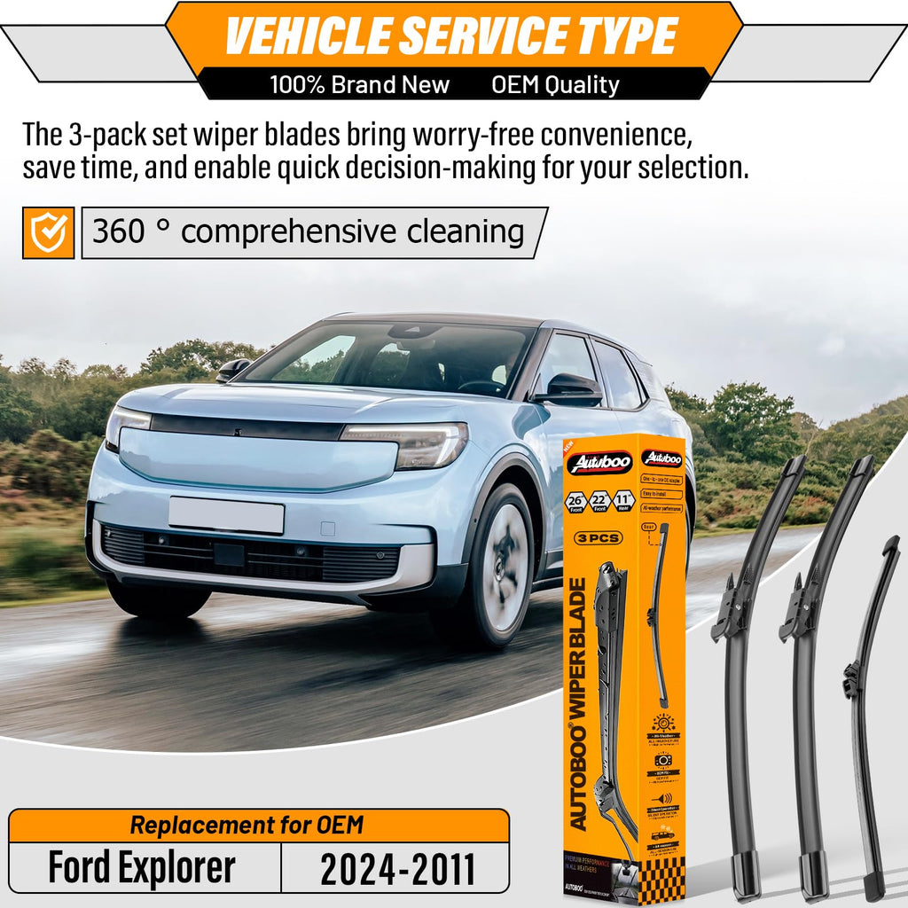 3 Wiper Blades Replacement for Ford Explorer 2011-2018 2019 2020 2021 2022 2023 2024,Original Equipment Replacement Front and Rear Windshield Wiper Blade - Pinch Tab 26"/22"/11" (Set of 3)