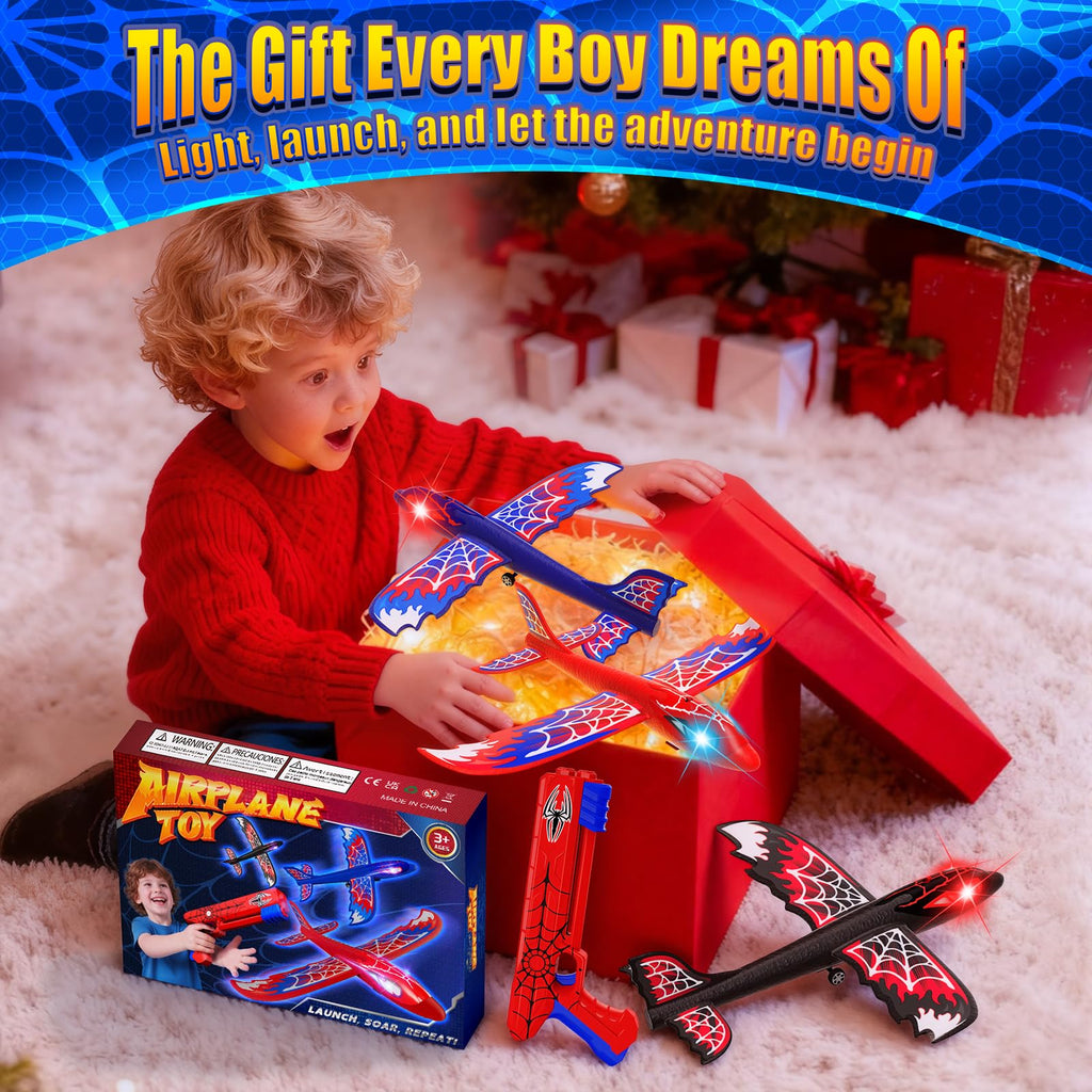 3 Pack Airplane Launcher Toy with Glowing Eyes & Web-Pattern Wings,2 Flight Modes Outdoor Games for Kids,Boys Toys Age 3-12,Birthday Gifts for 3 4 5 6 7 8 9 10 11 12 Year Old,Kids Gift(Red&Blue&Black)