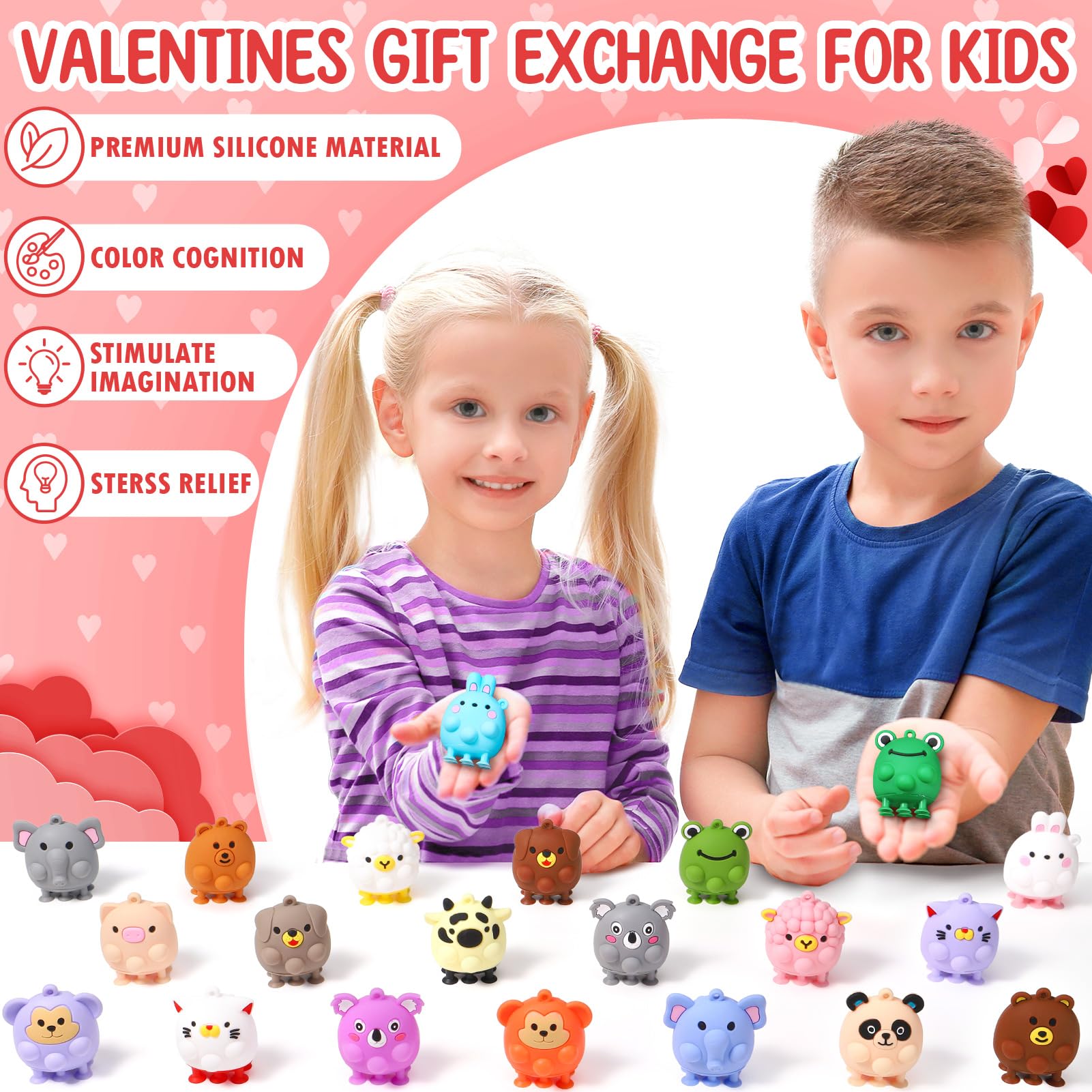 24PCS Valentines Day Cards for Kids School Classroom with 3D Animal Pop Suction Toys Valentine Day Exchange Gifts Bulk Fidget Toys for Toddlers Boys Girls Valentine's Party Favors Goodie Bag Stuffers