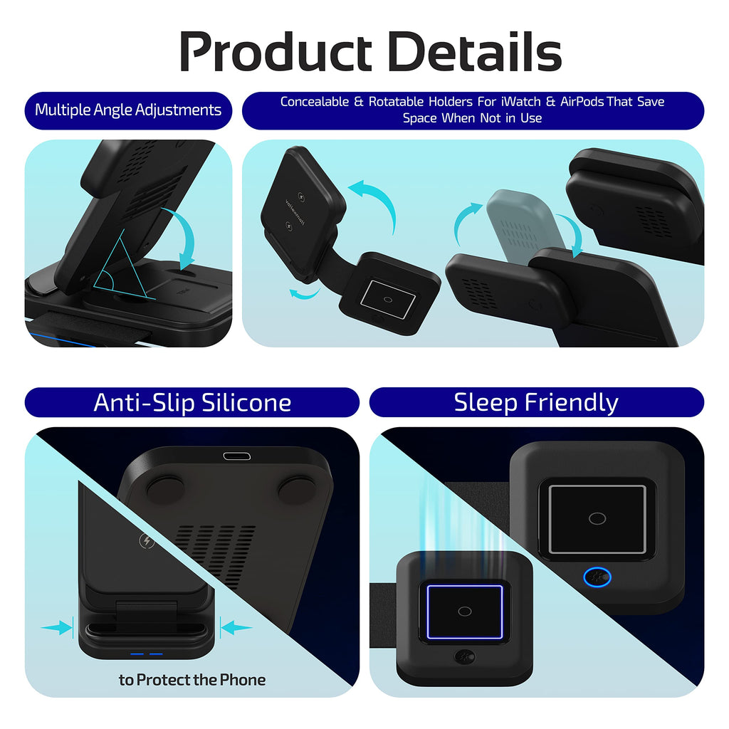 3 in 1 Wireless Charging Station for Multiple Apple Devices, iPhone 17 16 15 14 13 12 11 Pro Max XS XR X 8 Plus, Apple Watch 9 8 7 6 5 4 3 2 SE, AirPods 3 2 Pro, Fast Charger Foldable Dock Stand