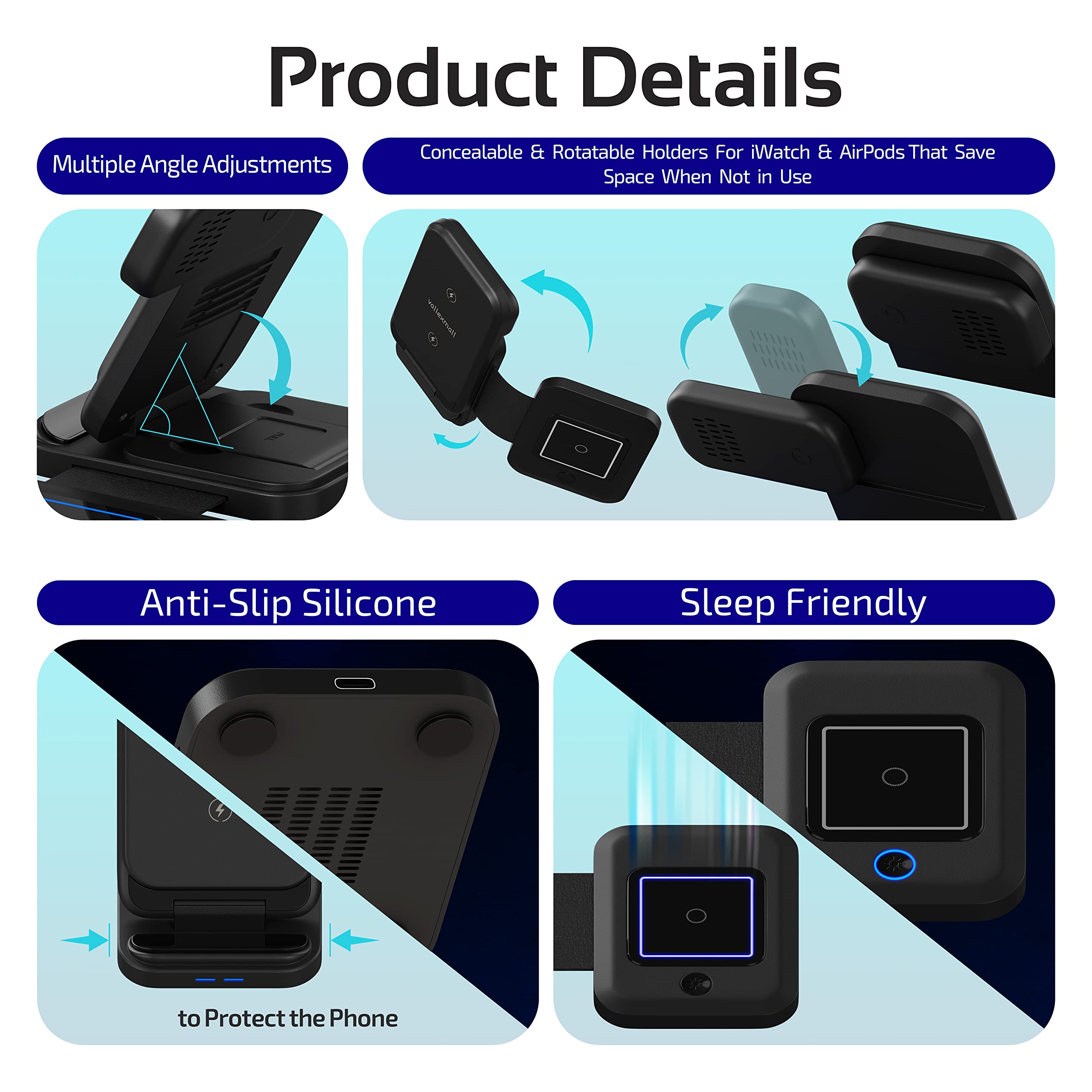 3 in 1 Wireless Charging Station for Multiple Apple Devices, iPhone 17 16 15 14 13 12 11 Pro Max XS XR X 8 Plus, Apple Watch 9 8 7 6 5 4 3 2 SE, AirPods 3 2 Pro, Fast Charger Foldable Dock Stand