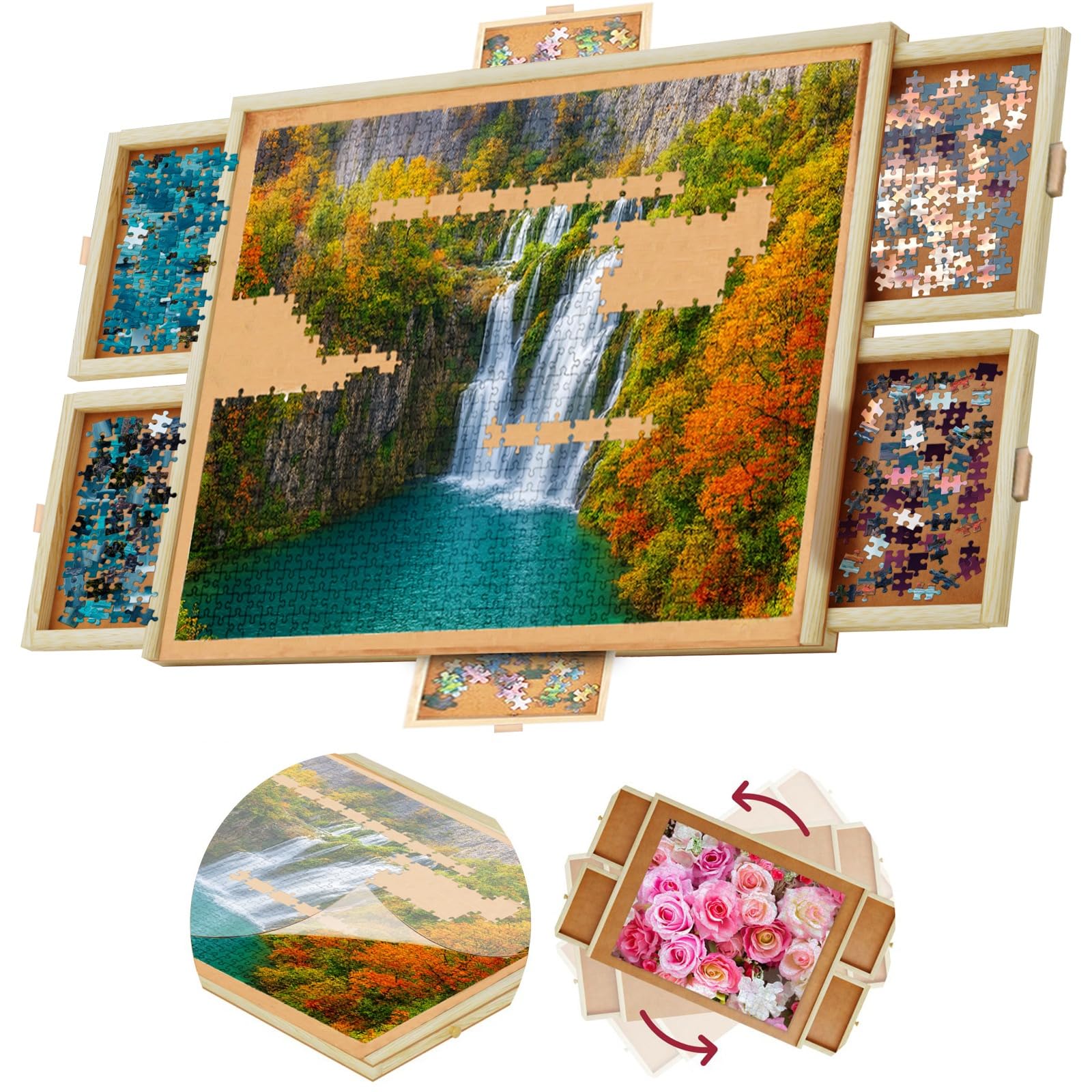 1500 Piece Wooden Jigsaw Puzzle Board - 6 Drawers, Preassembled Rotating Puzzle Table | 35” X 28” Jigsaw Puzzle Board | Puzzle Cover Included - Portable Tables for Adults and Kids