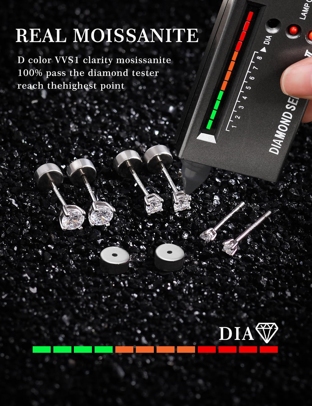 3 Pairs Moissanite Flatback Stud Earrings for Women, 925 Sterling Silver Hypoallergenic Flat Back Cartilage Earrings Set, 18K White Gold Plated (2,3,4mm)