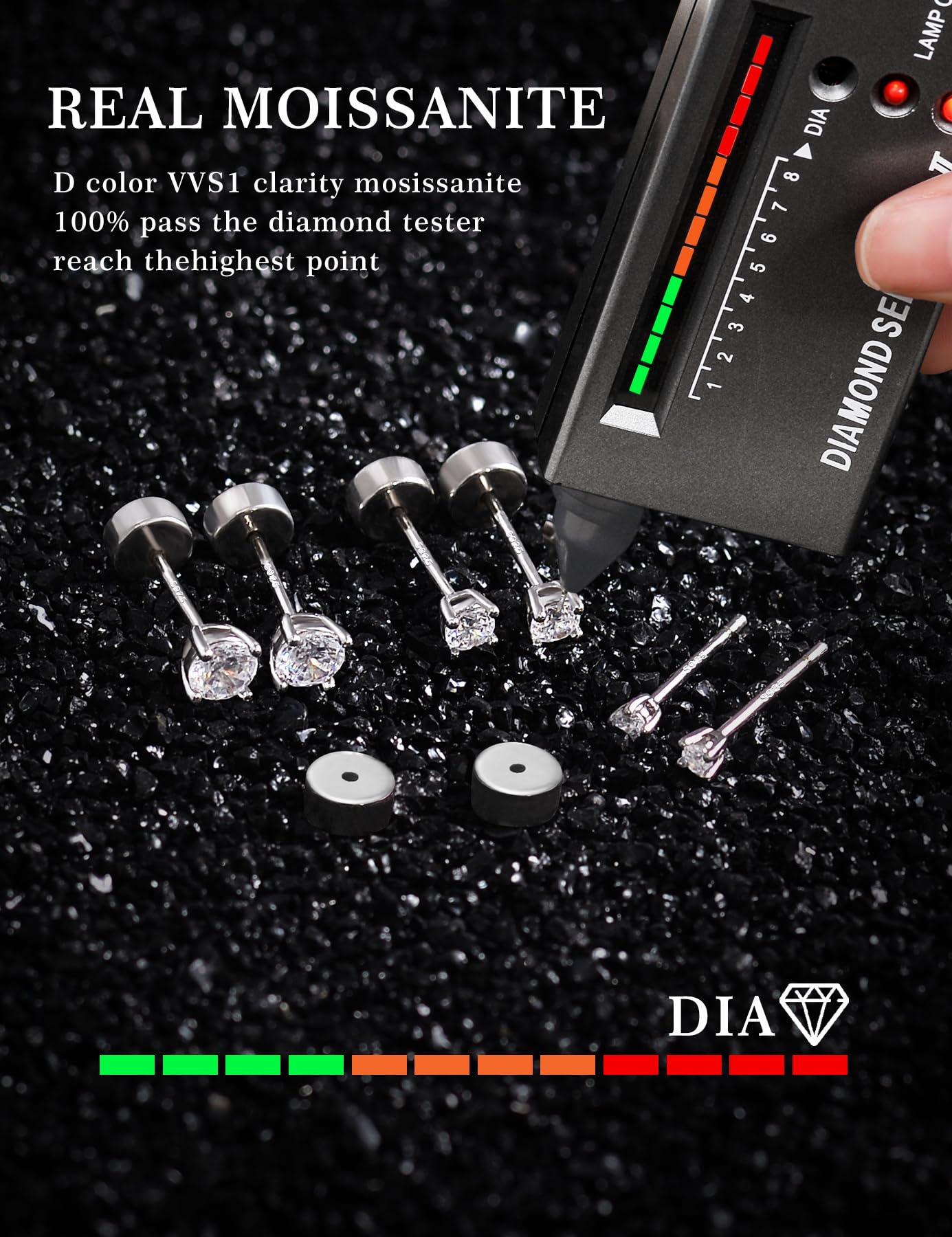 3 Pairs Moissanite Flatback Stud Earrings for Women, 925 Sterling Silver Hypoallergenic Flat Back Cartilage Earrings Set, 18K White Gold Plated (2,3,4mm)