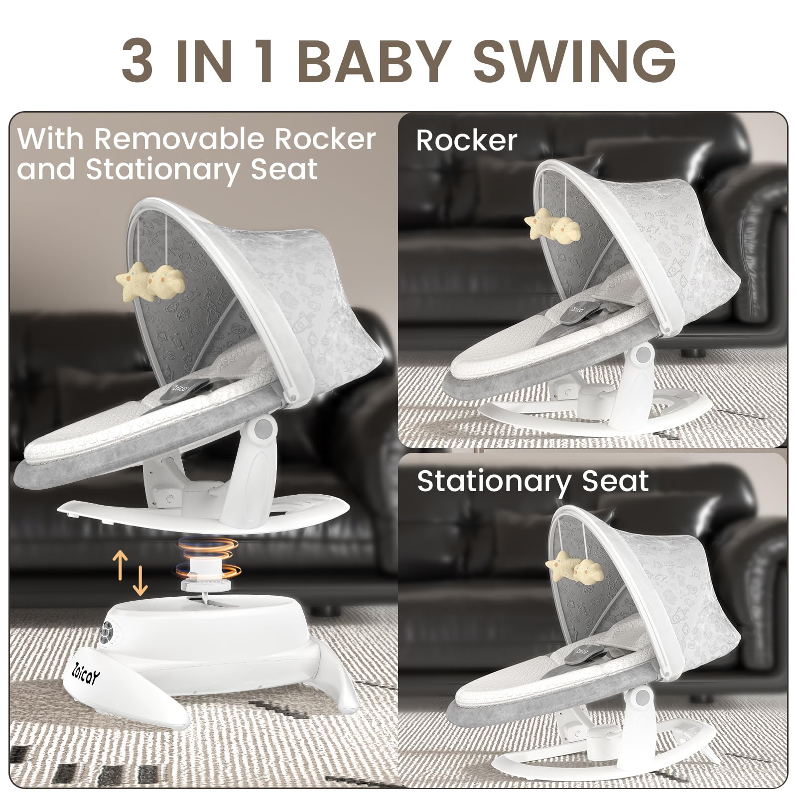 3-in-1 Baby Swing for Infants with Motion Detection, Infant Swing with 5 Speeds & 3 Swing Modes, 12 Lullabies, Electric Swing for Baby, Up to 25 lbs, White