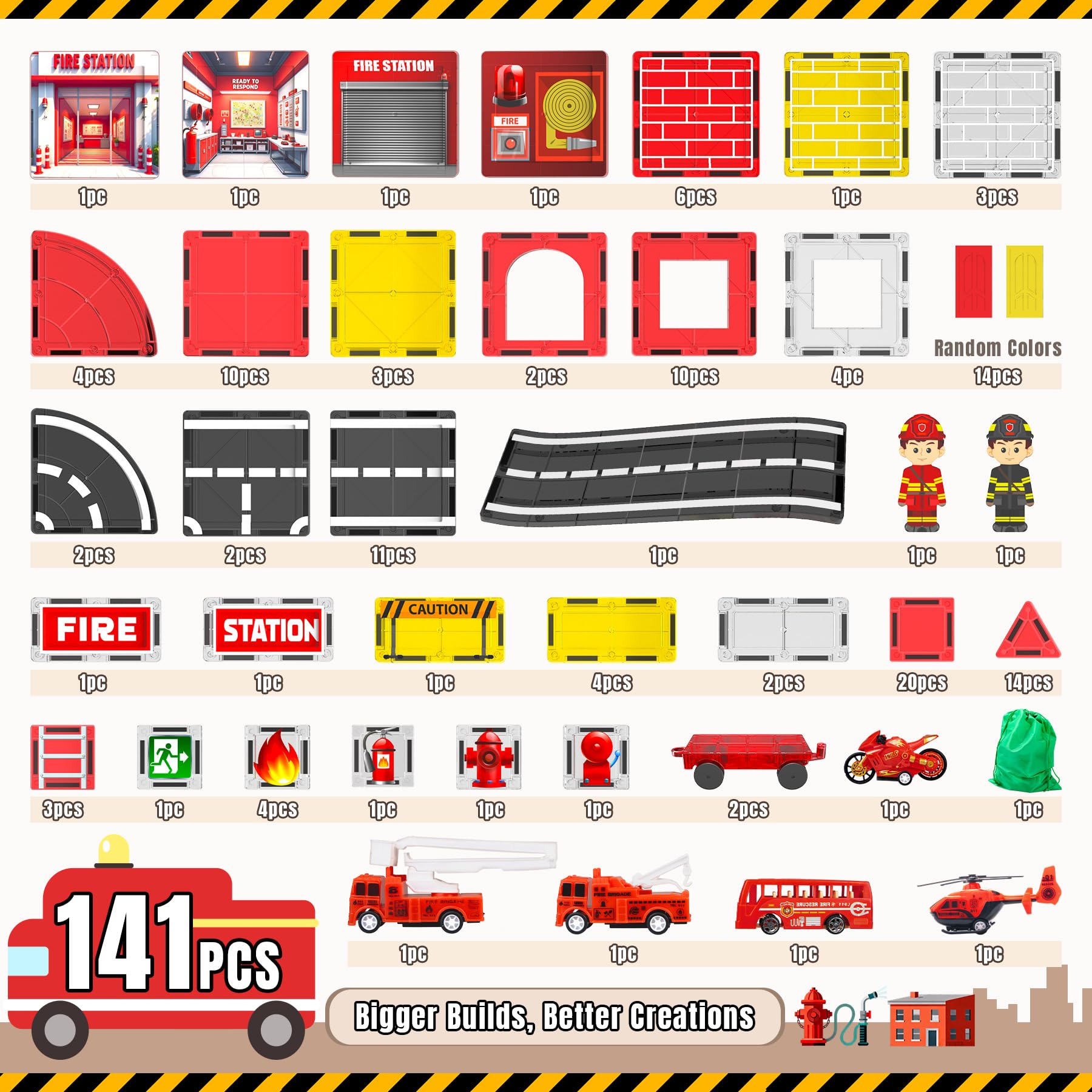 141PCS Magnetic Tiles for kids, Fire Rescue Theme Magnet Tiles with Fire Station & Fire Rescue Vehicles, STEM Magnetic Tiles for Kids Ages 4-8, Preschool Educational Building Toys for Boys & Girls