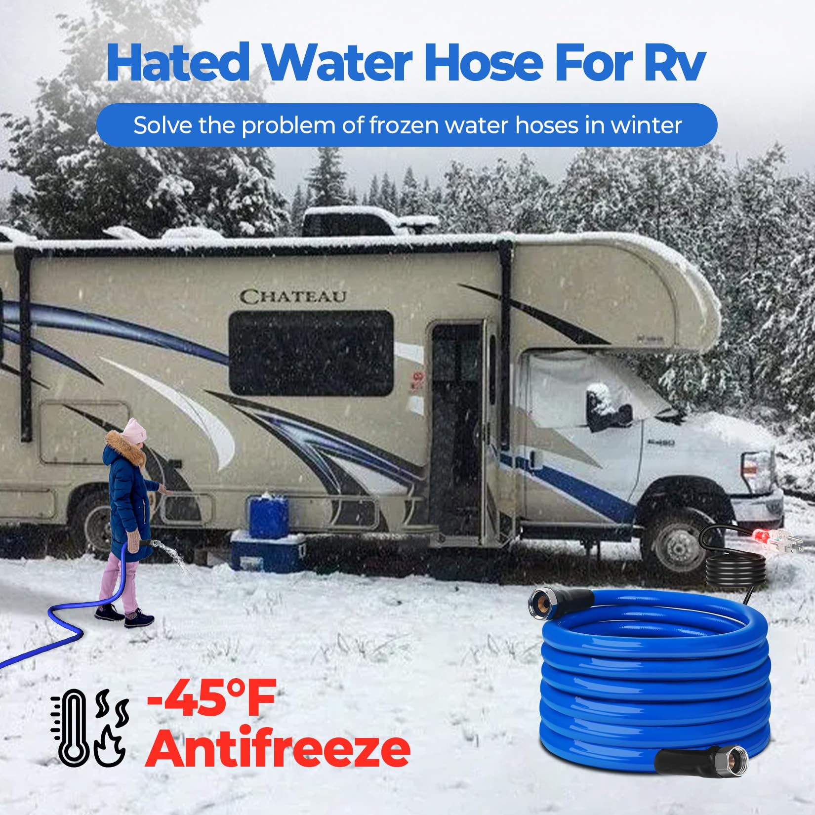 15FT (15-100FT) Heated Water Hose for RV,-45 ℉ Antifreeze 4.0 Upgraded Heated Drinking Water Hose，Rv Freshwater Hoses with Fittings, Rv Accessories