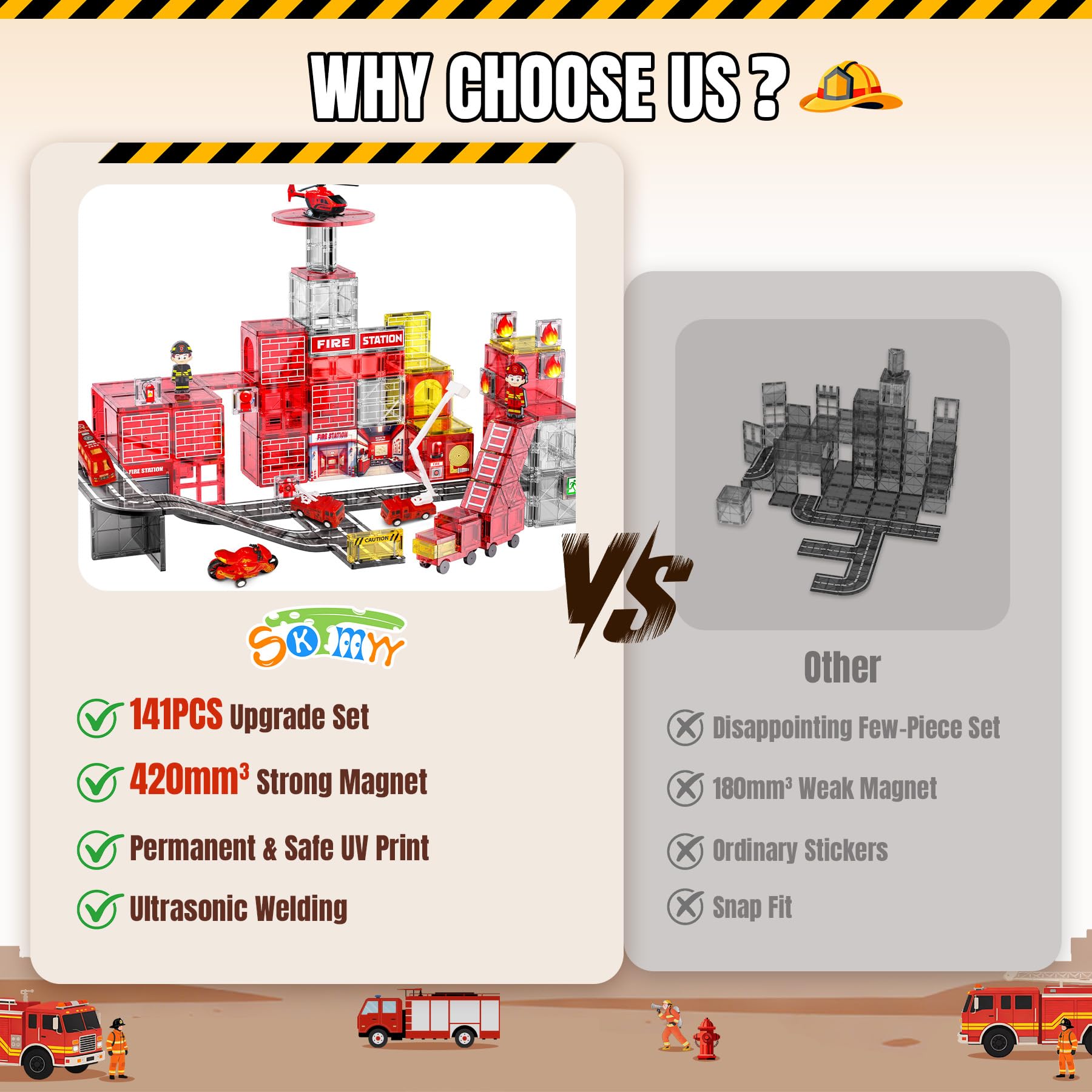 141PCS Magnetic Tiles for kids, Fire Rescue Theme Magnet Tiles with Fire Station & Fire Rescue Vehicles, STEM Magnetic Tiles for Kids Ages 4-8, Preschool Educational Building Toys for Boys & Girls
