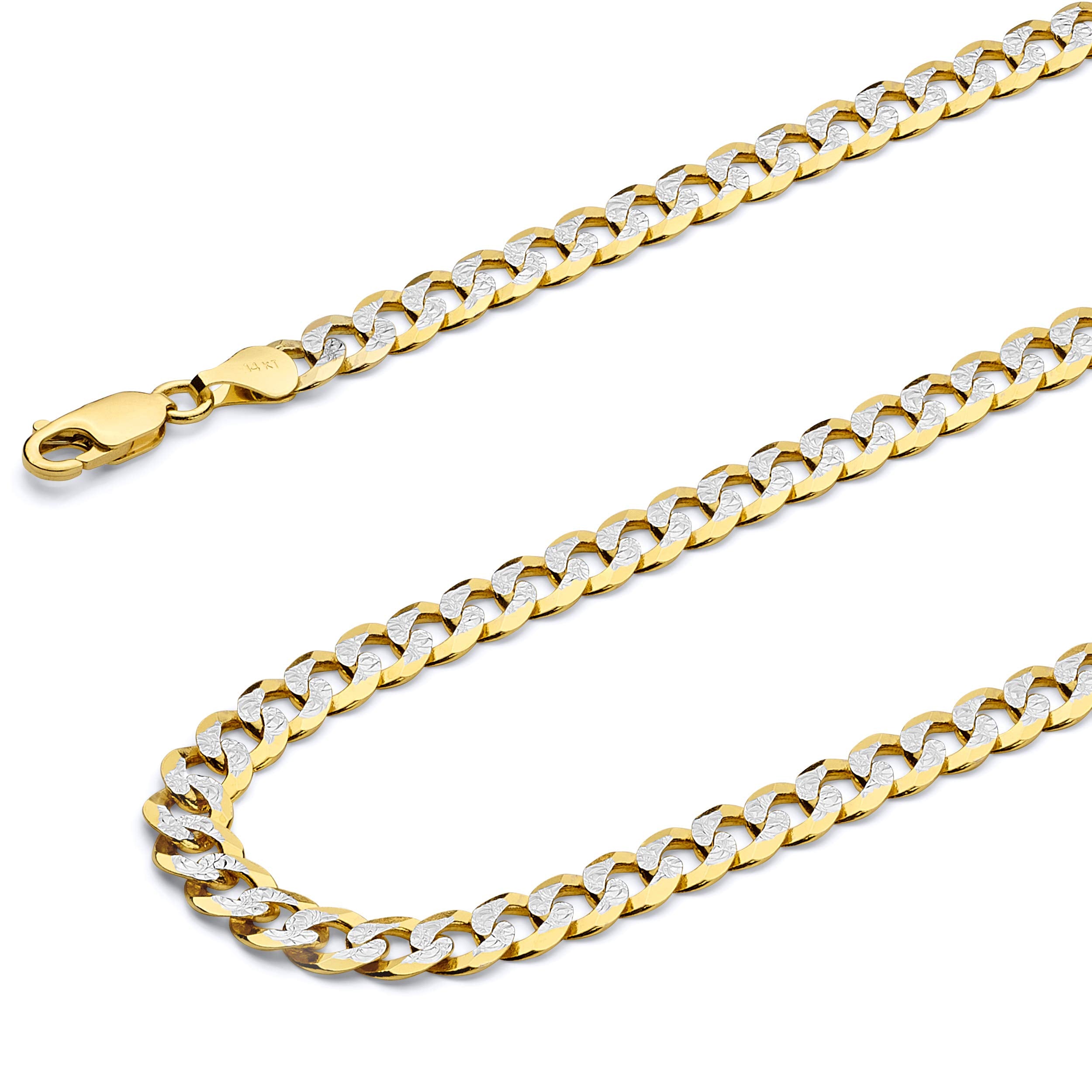 14k REAL Two Tone Gold Solid 2mm Cuban Concave Curb White Pave Chain Necklace with Spring Ring Clasp - 16"
