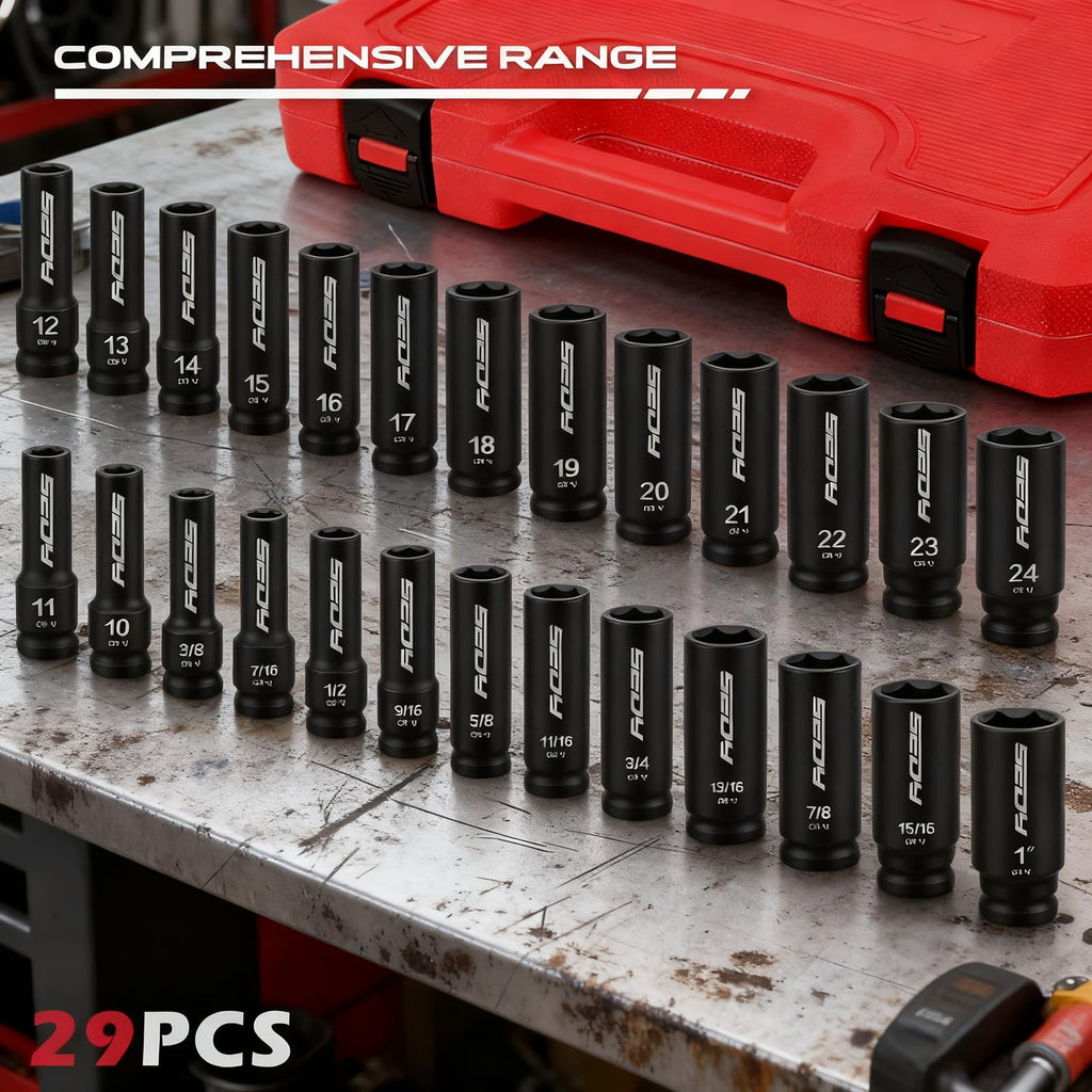 29-Piece 1/2" Drive Impact Socket Set, SAE (3/8 to 1 inch) and Metric (10-24mm) Sizes with Extension Bars Standard Deep Socket Set CR-V Material High Durability Impact Wrench